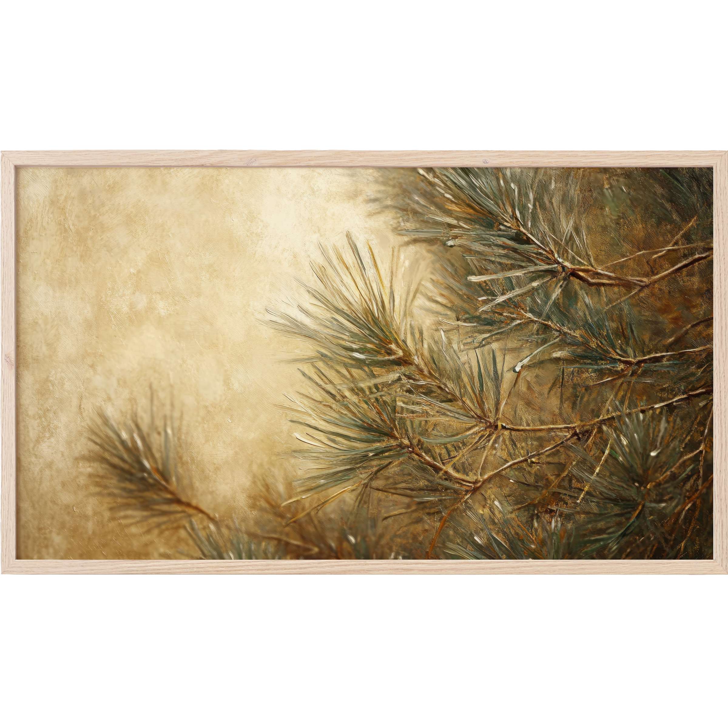 Muted green pine branches on a soft beige textured background, elegant tree Frame TV Art in natural hues