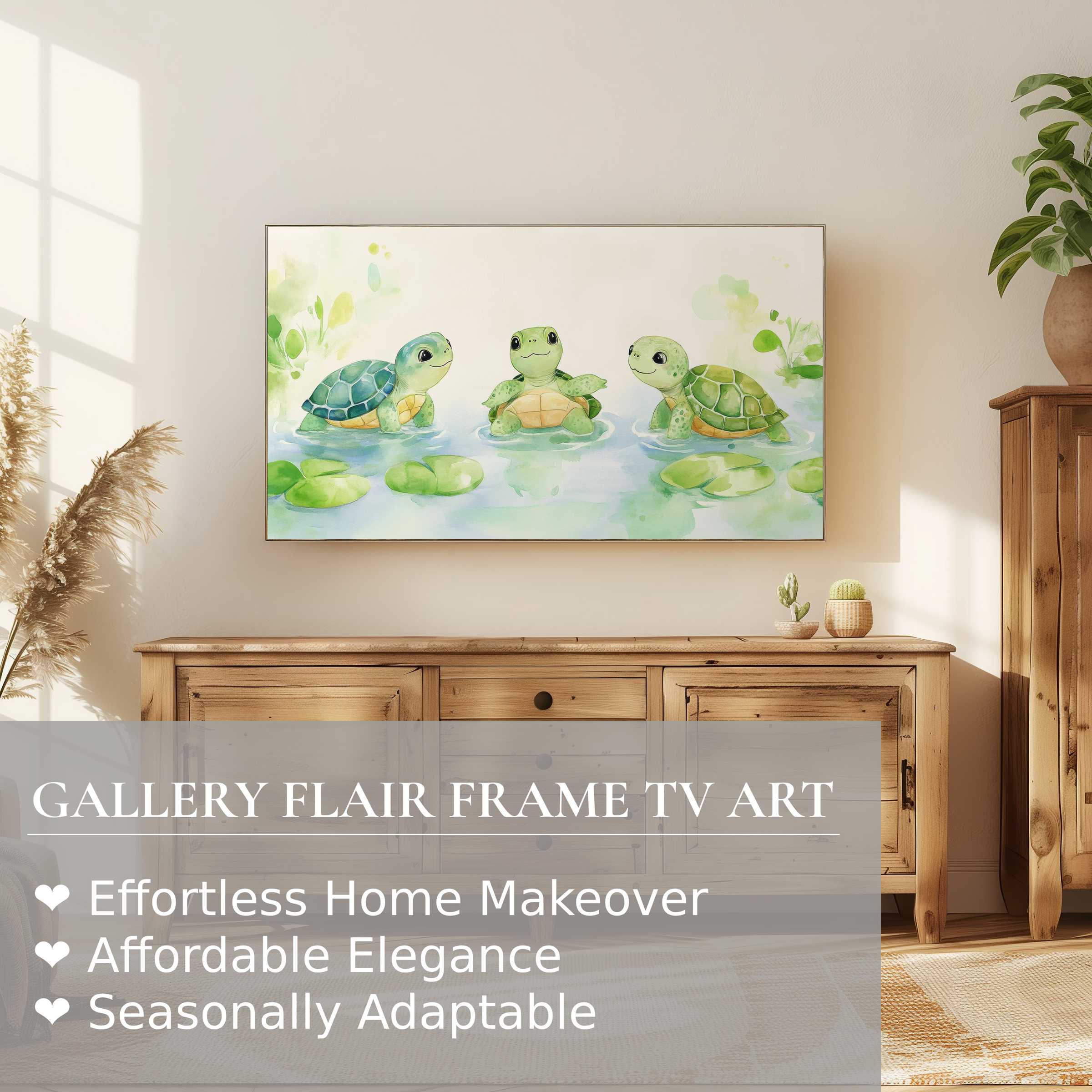Modern nursery digital artwork of playful turtles displayed on Samsung Frame TV in warm, elegant living space