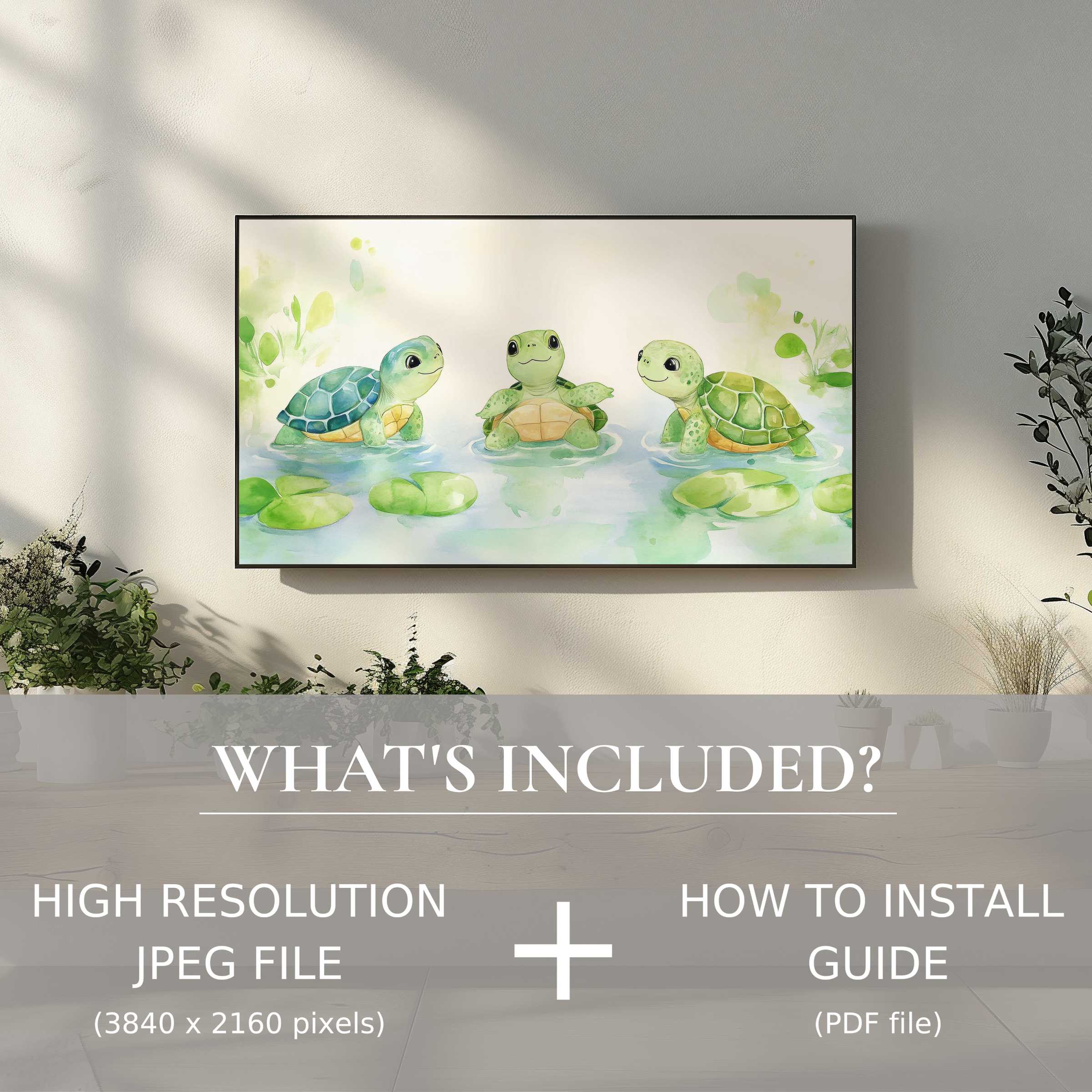 Elegant nursery digital TV art download featuring playful turtles, easy to use and uplifting modern living spaces