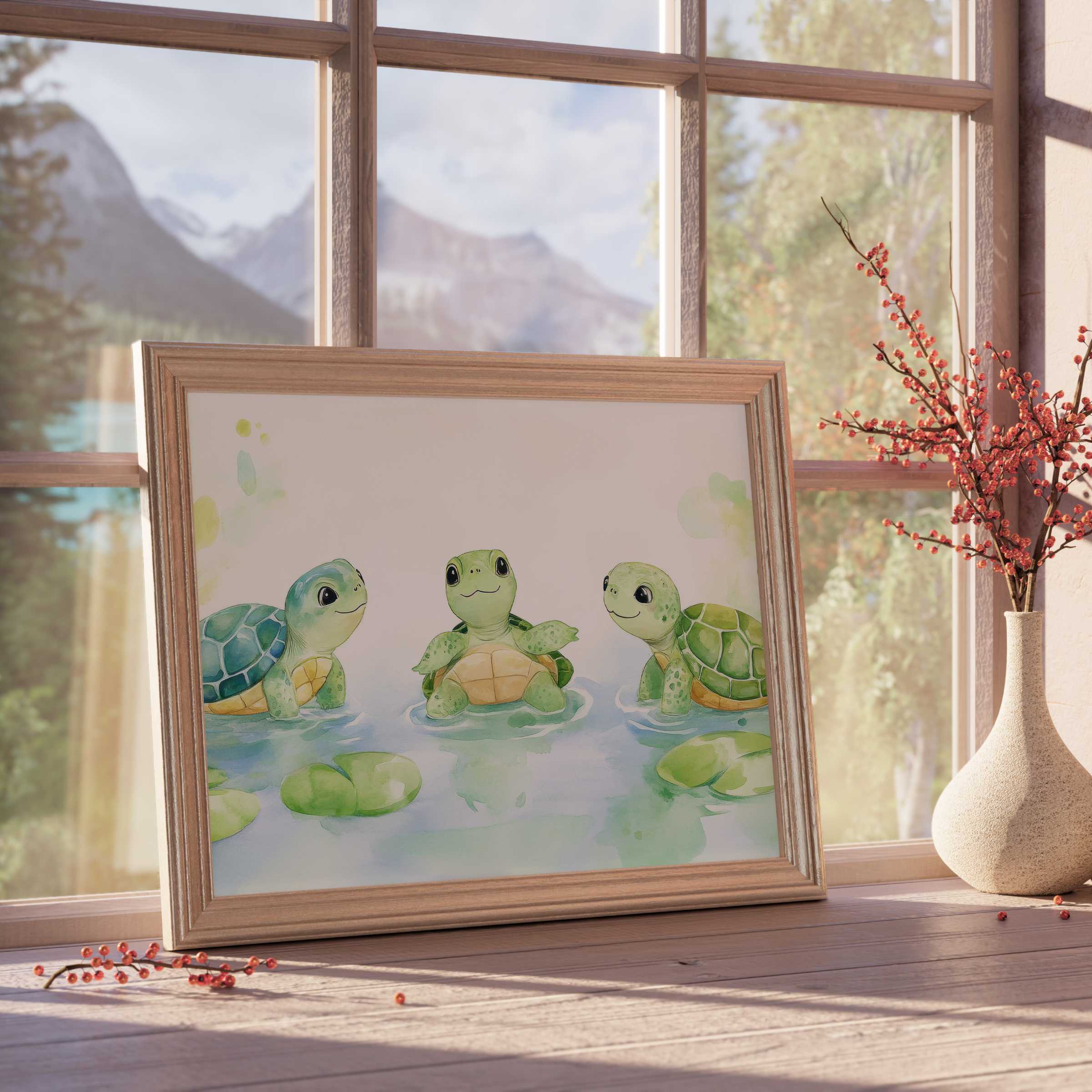 Charming nursery downloadable art of three playful turtles, radiating serene warmth and whimsical elegance for refined, tranquil spaces