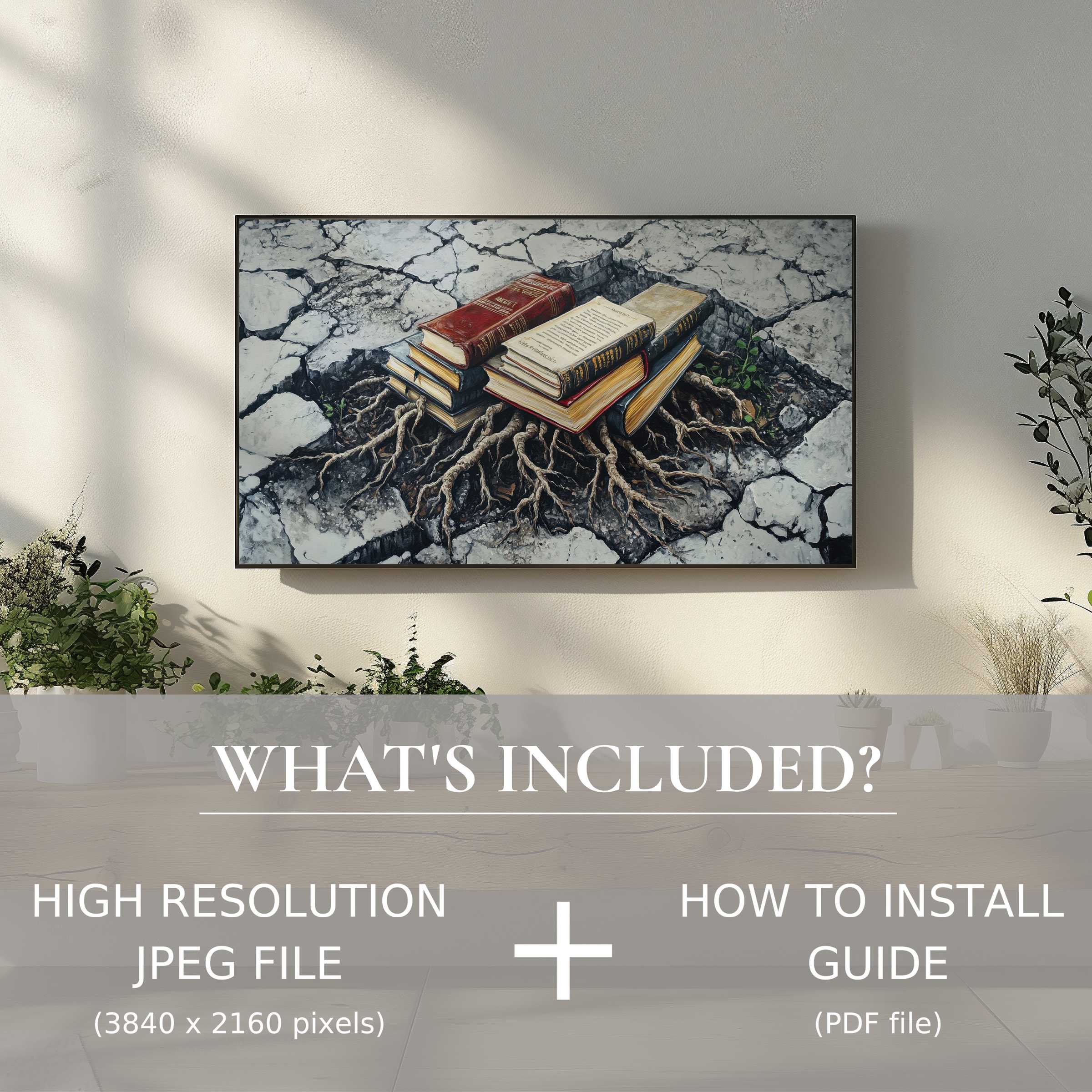 Modern living room with street art digital TV art download, easy digital use, elevating style and space with vivid book roots design