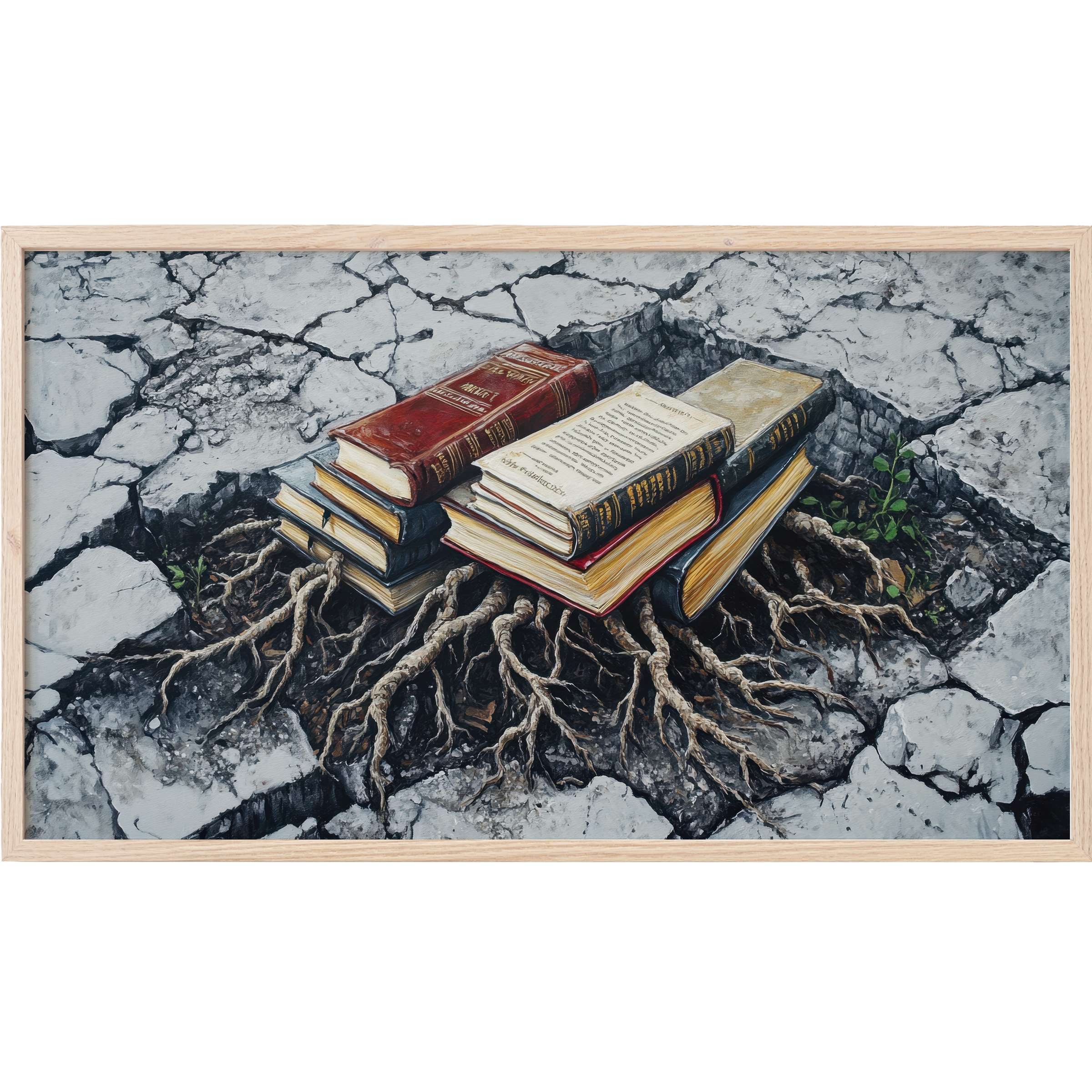 Street art Frame TV Art showing aged books with roots growing through cracked concrete in muted earth tones