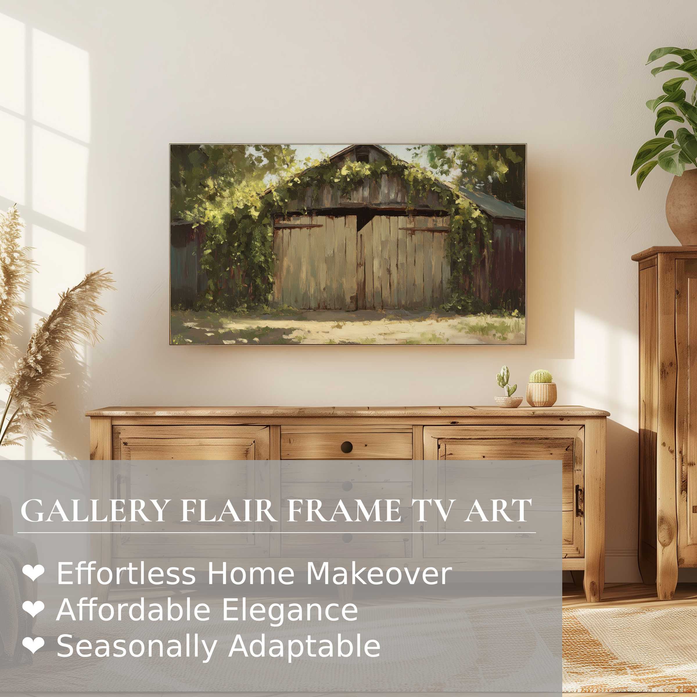 Samsung Frame TV displays serene farmhouse digital artwork in a cozy, sunlit room with warm rustic wood decor