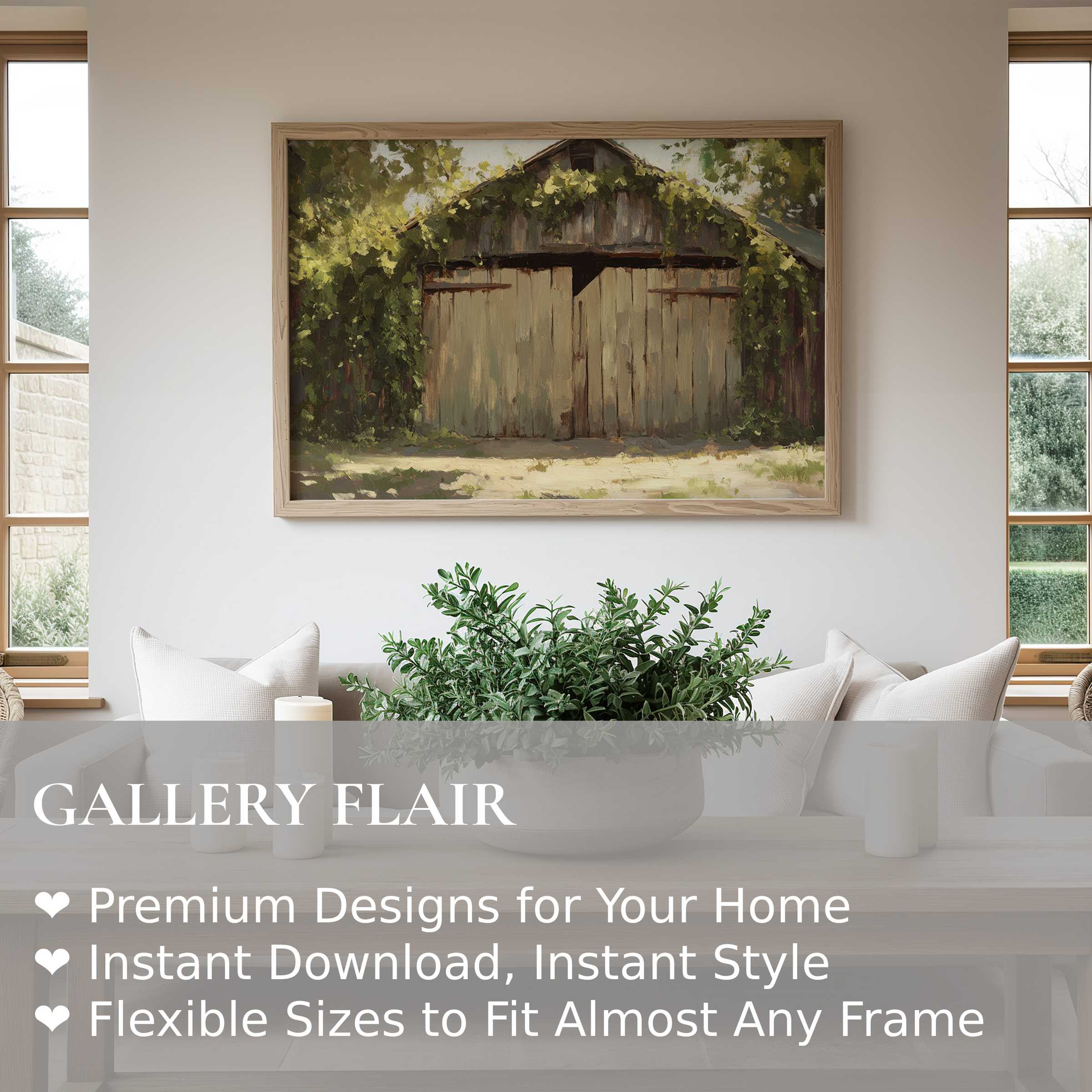 Farmhouse wall art print featuring a rustic barn embraced by lush greenery, radiating warm calm in a modern rustic living room