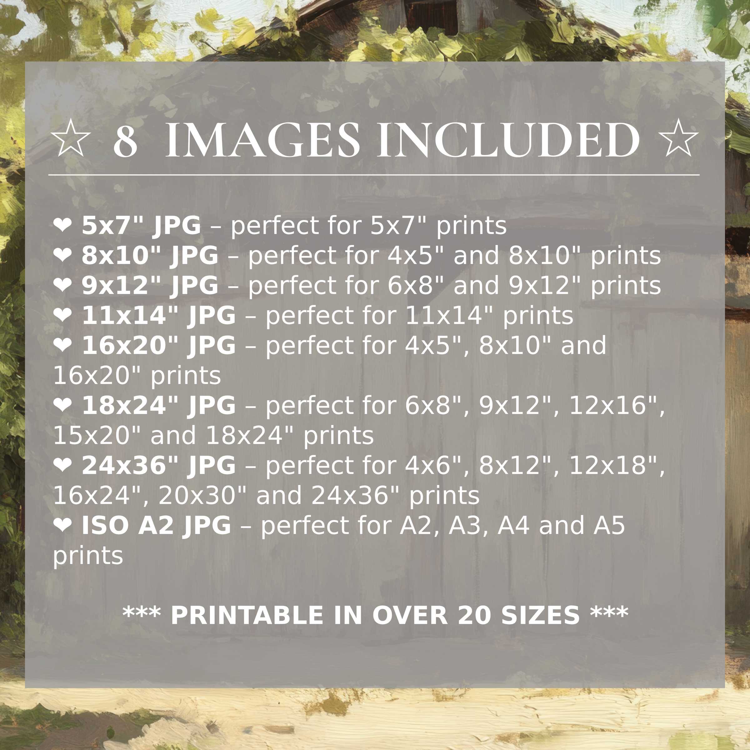 Farmhouse digital print with soothing greens and warm neutrals, offered in 8 high-quality sizes for versatile modern interiors