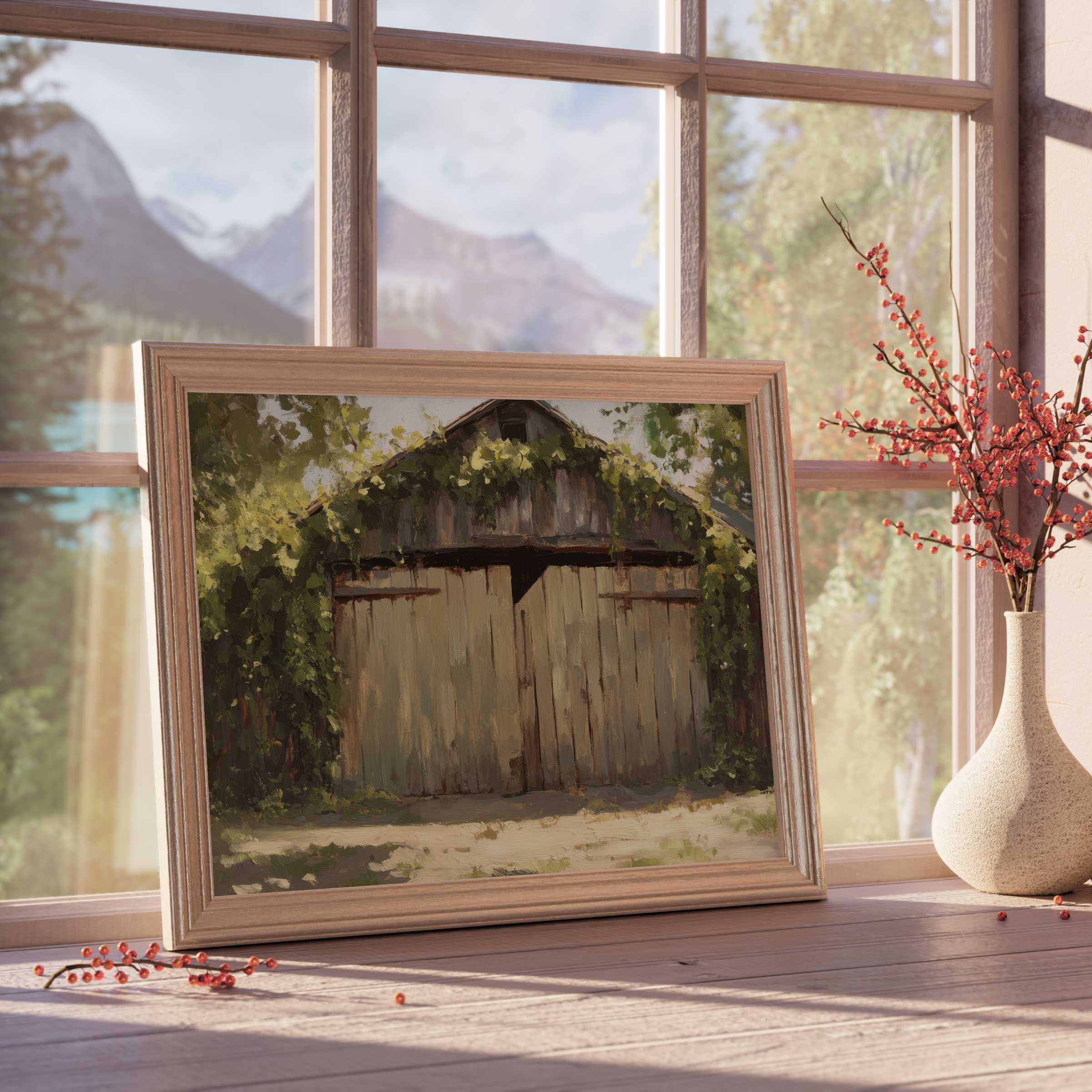 Rustic farmhouse downloadable art framed in warm wood, evoking serene countryside charm for elegant, tranquil living spaces