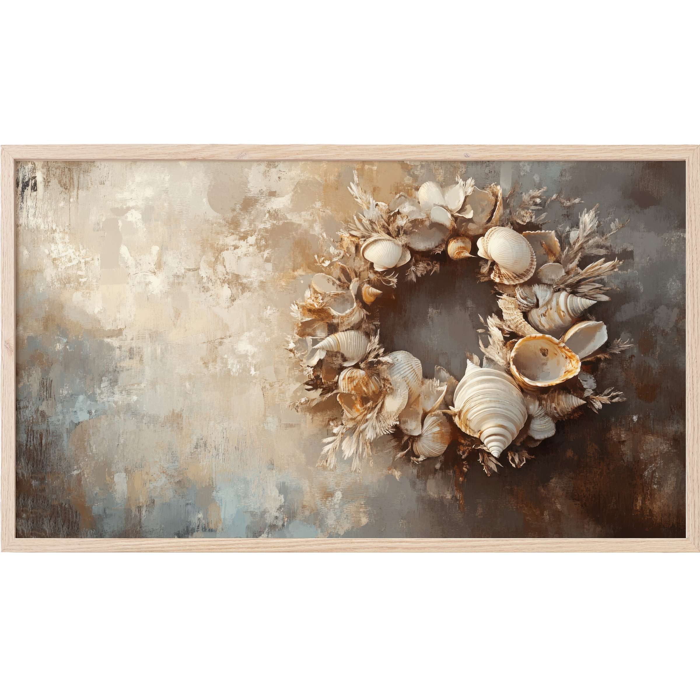 Coastal Frame TV Art featuring a textured seashell wreath in muted beige, ivory, and gray tones with a modern, elegant style