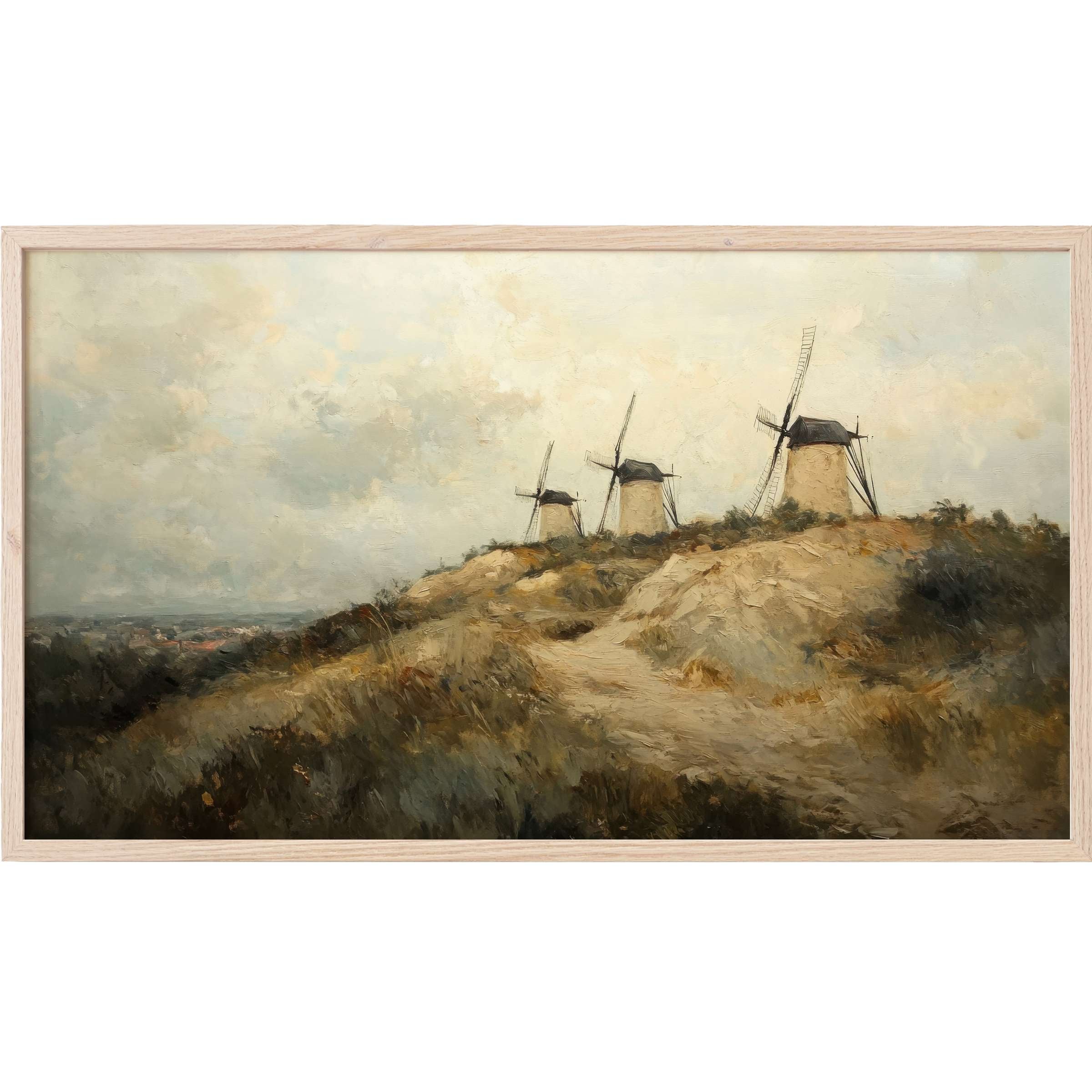 Vintage Frame TV Art showcasing muted earth tones and textured brushstrokes in a serene windmill landscape