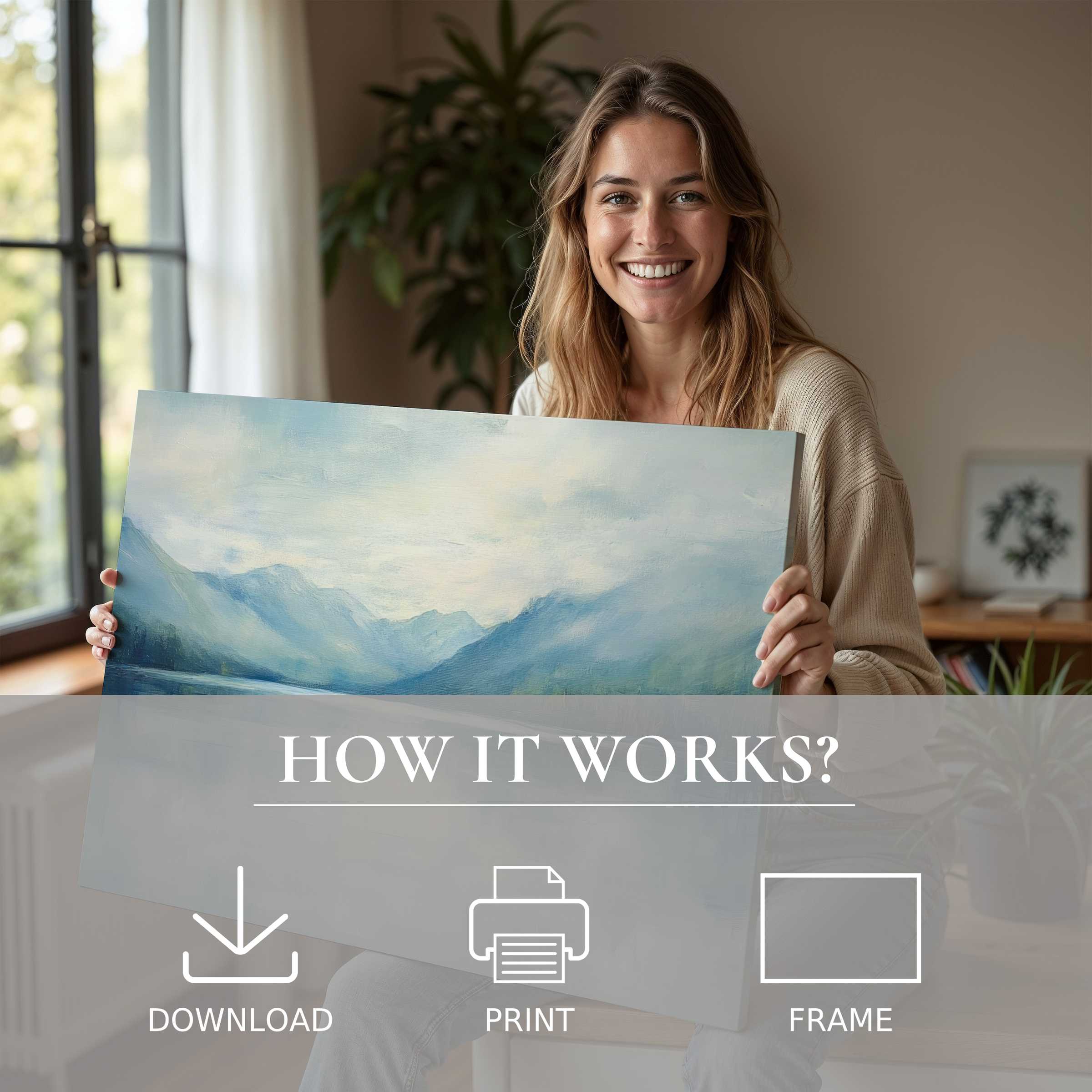 Elegant landscape digital art print embraced in a sunlit modern home, inspiring joy and seamless style