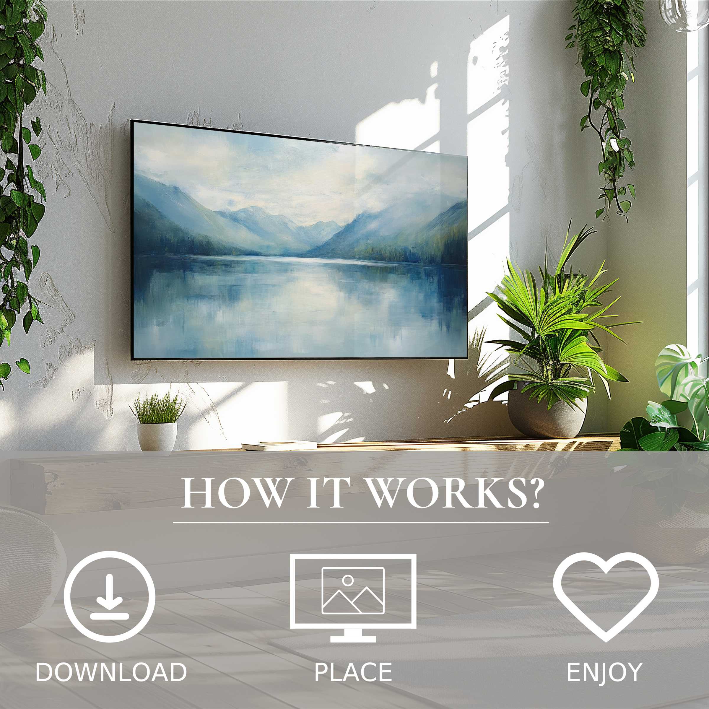 Modern living room with landscape art for Samsung TV, soft blue-gray lake view, simple digital download art enriches space