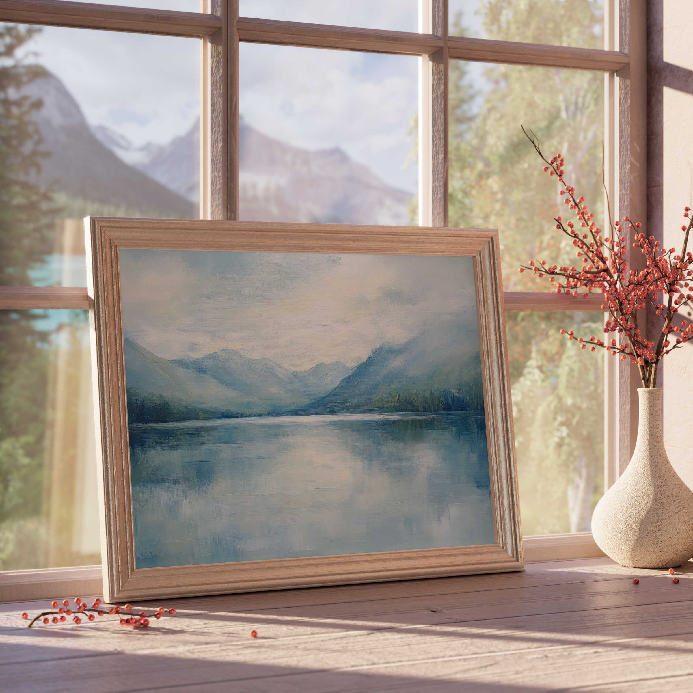 Serene landscape downloadable art capturing misty mountain lakes, perfect for elevating tranquil, design-forward living spaces