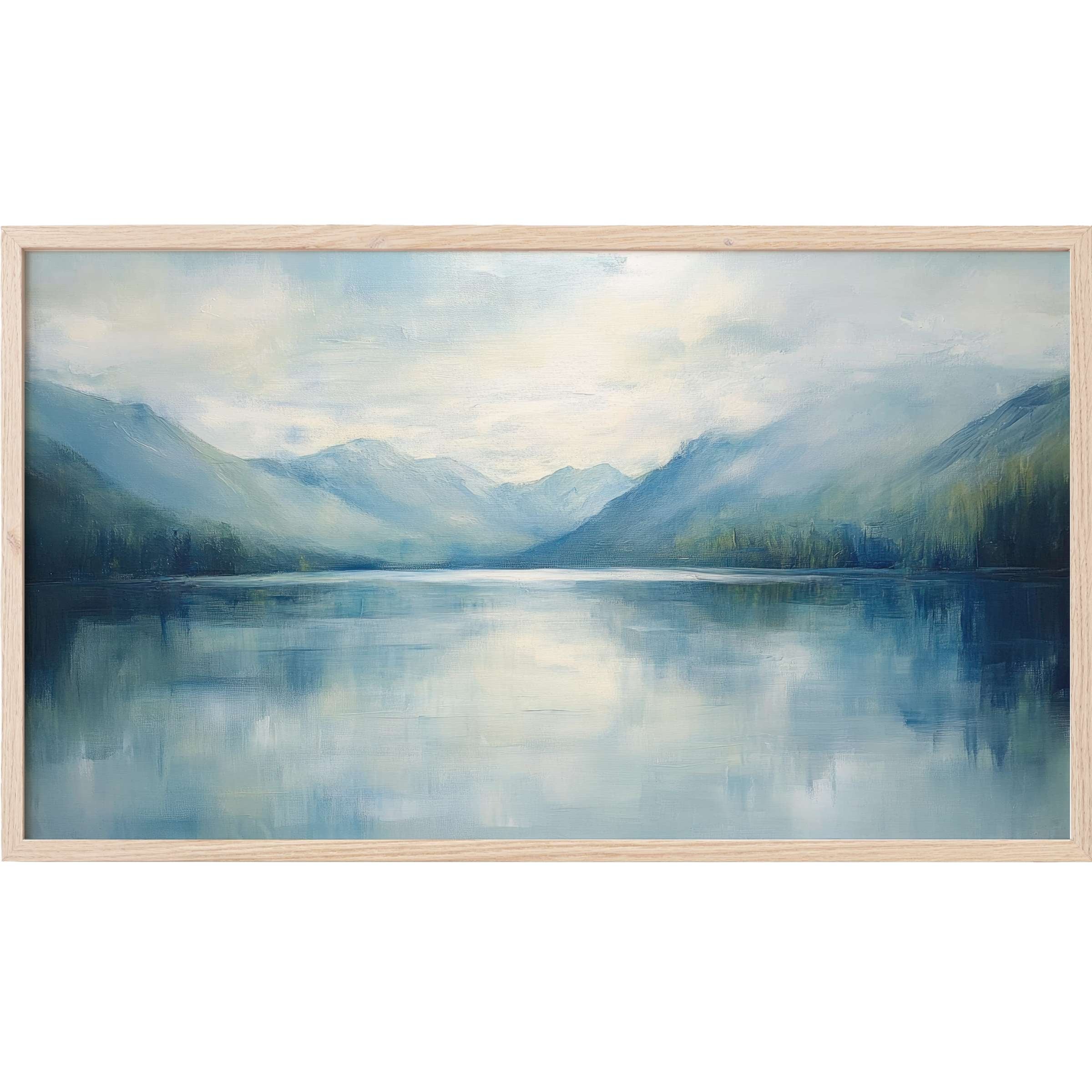Serene misty mountains reflected in calm waters, soft blues and greens, elegant landscape Frame TV Art