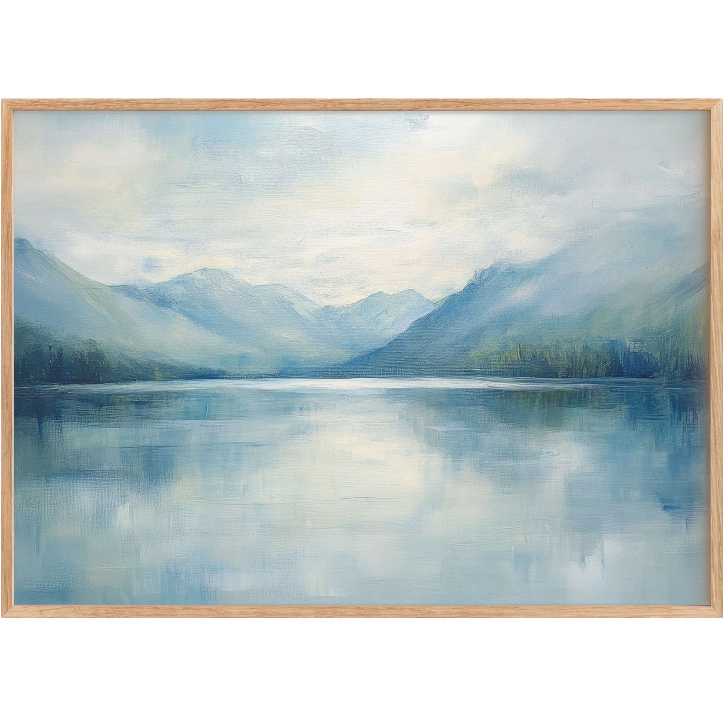 Serene landscape printable wall art in soft blues and gentle greens, evoking calm and timeless elegance for stylish spaces