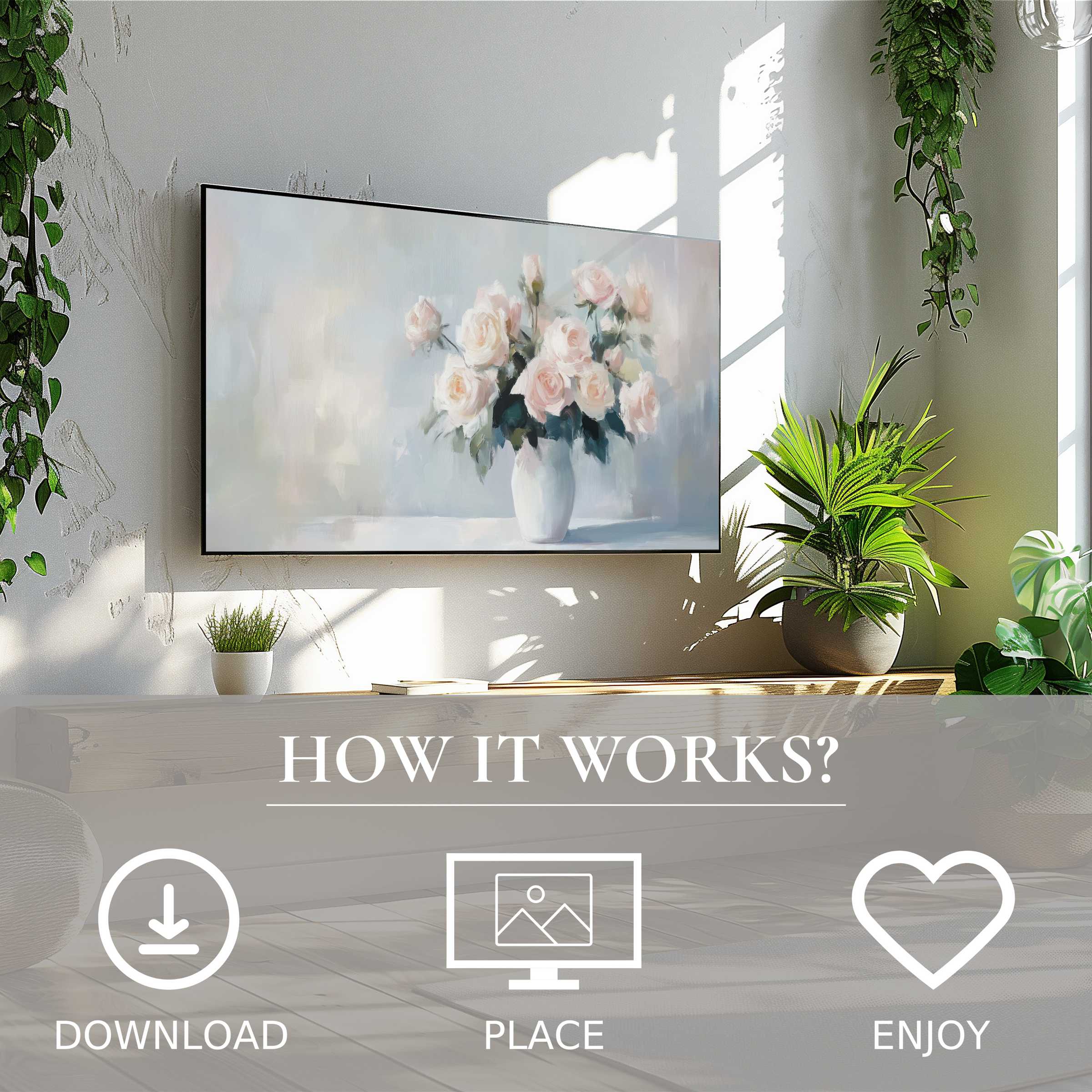 Modern living room with floral art for Samsung TV; soft pastel roses enhance space, easy digital download