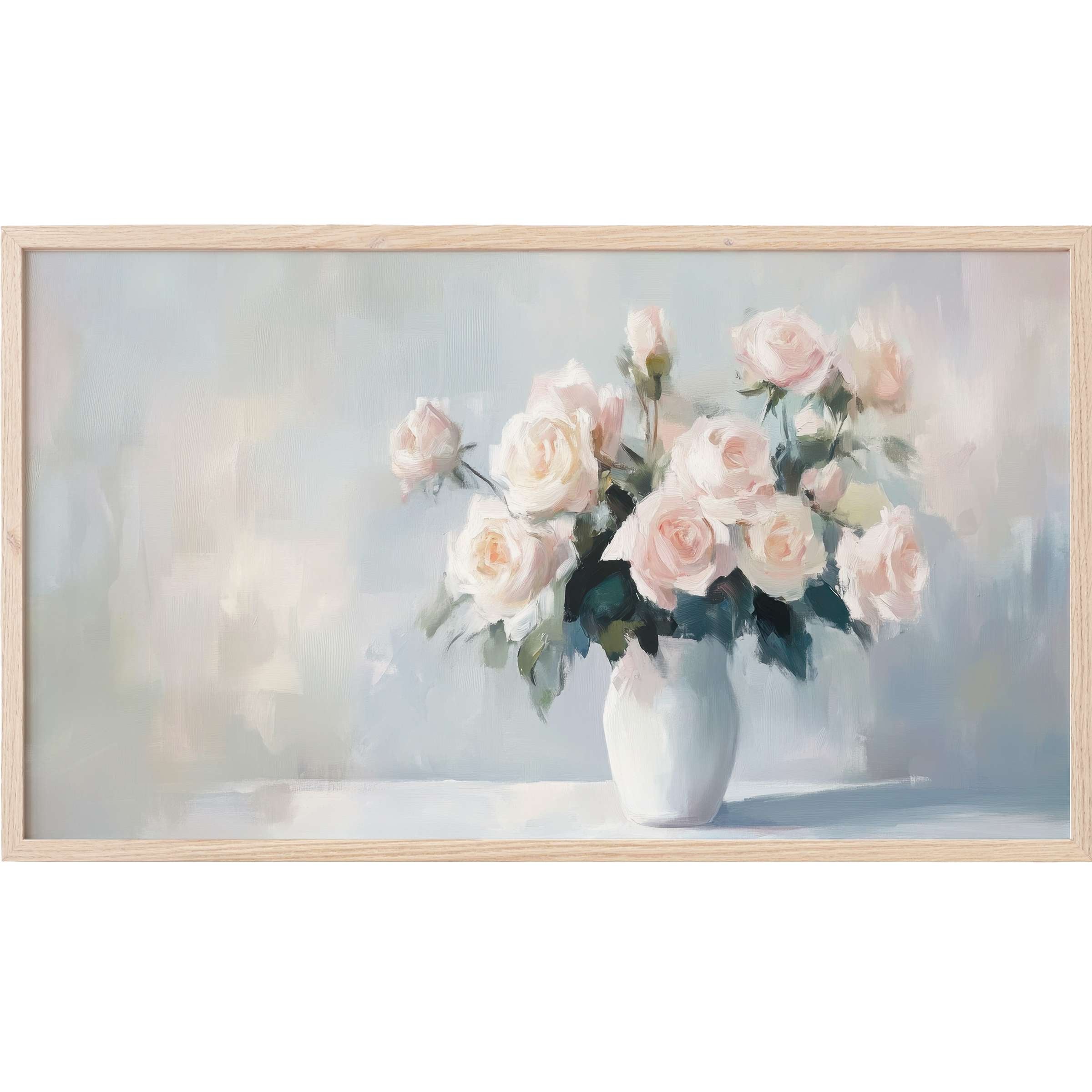 Floral Frame TV Art with soft pastel roses in a white vase, painted in elegant, modern impressionist style