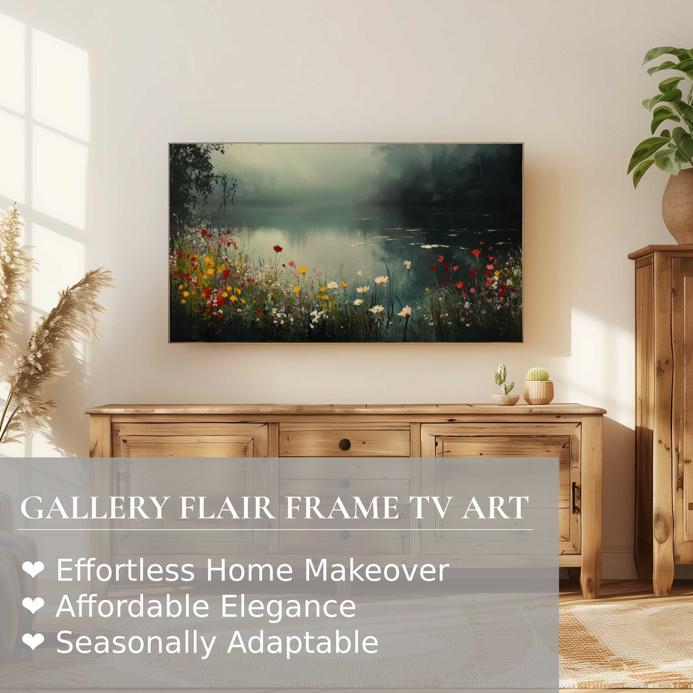 Samsung Frame TV displays serene summer digital artwork with elegant wildflowers by a misty lake in a refined modern space