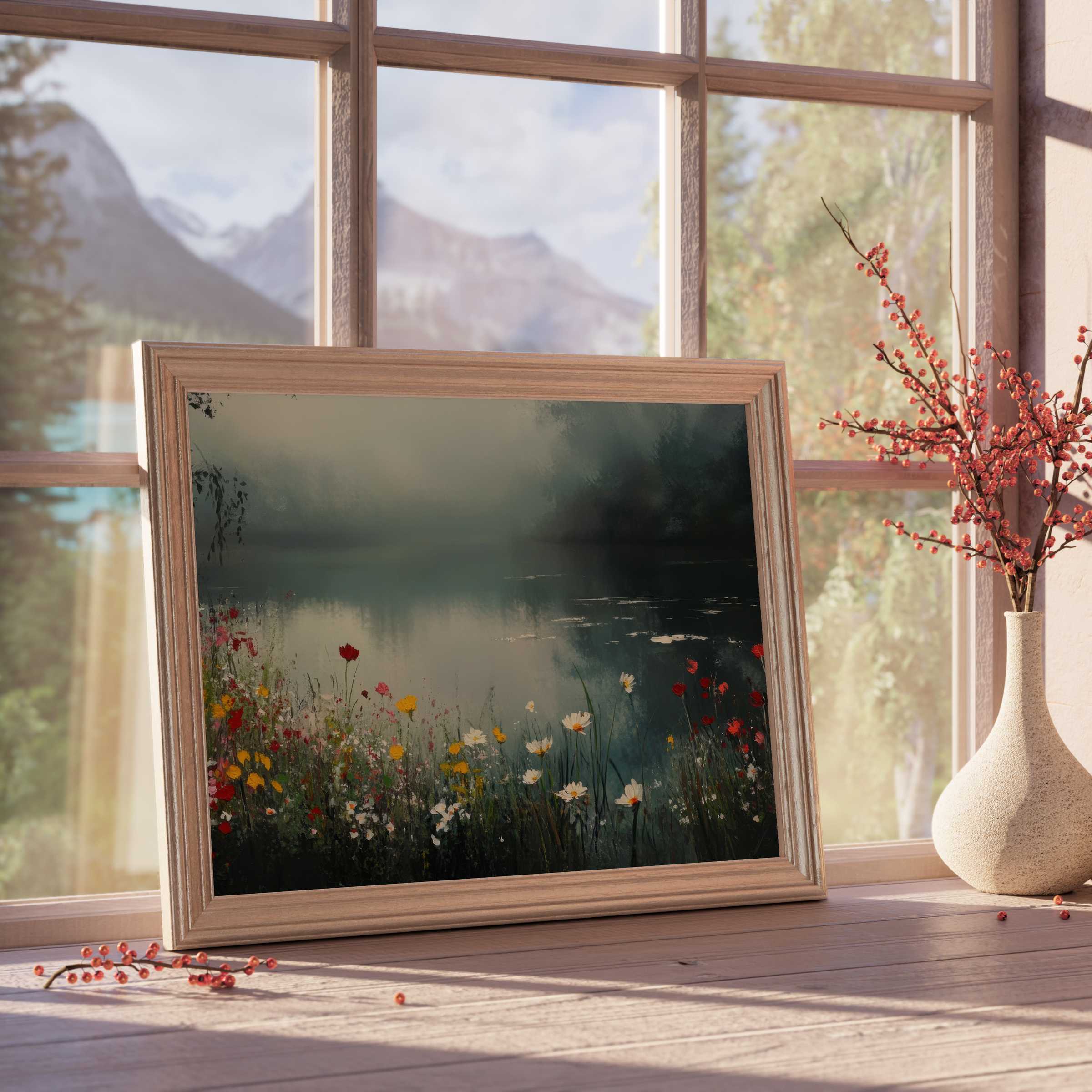 Serene summer downloadable art featuring a misty lake and vibrant wildflowers, elevating tranquil, curated interiors with natural elegance