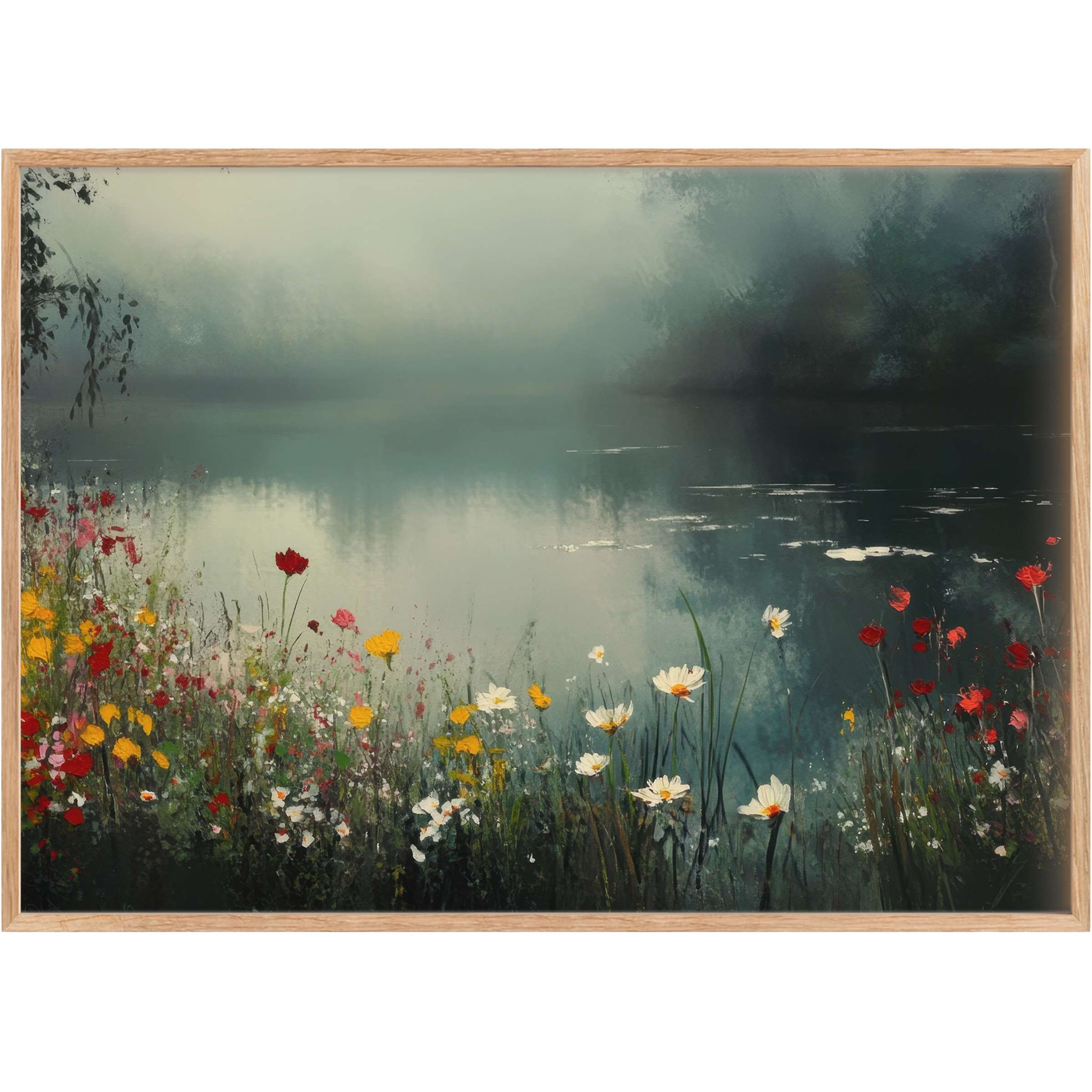 Ethereal summer printable wall art blending misty blues with vibrant reds and yellows, evoking serene, poetic tranquility