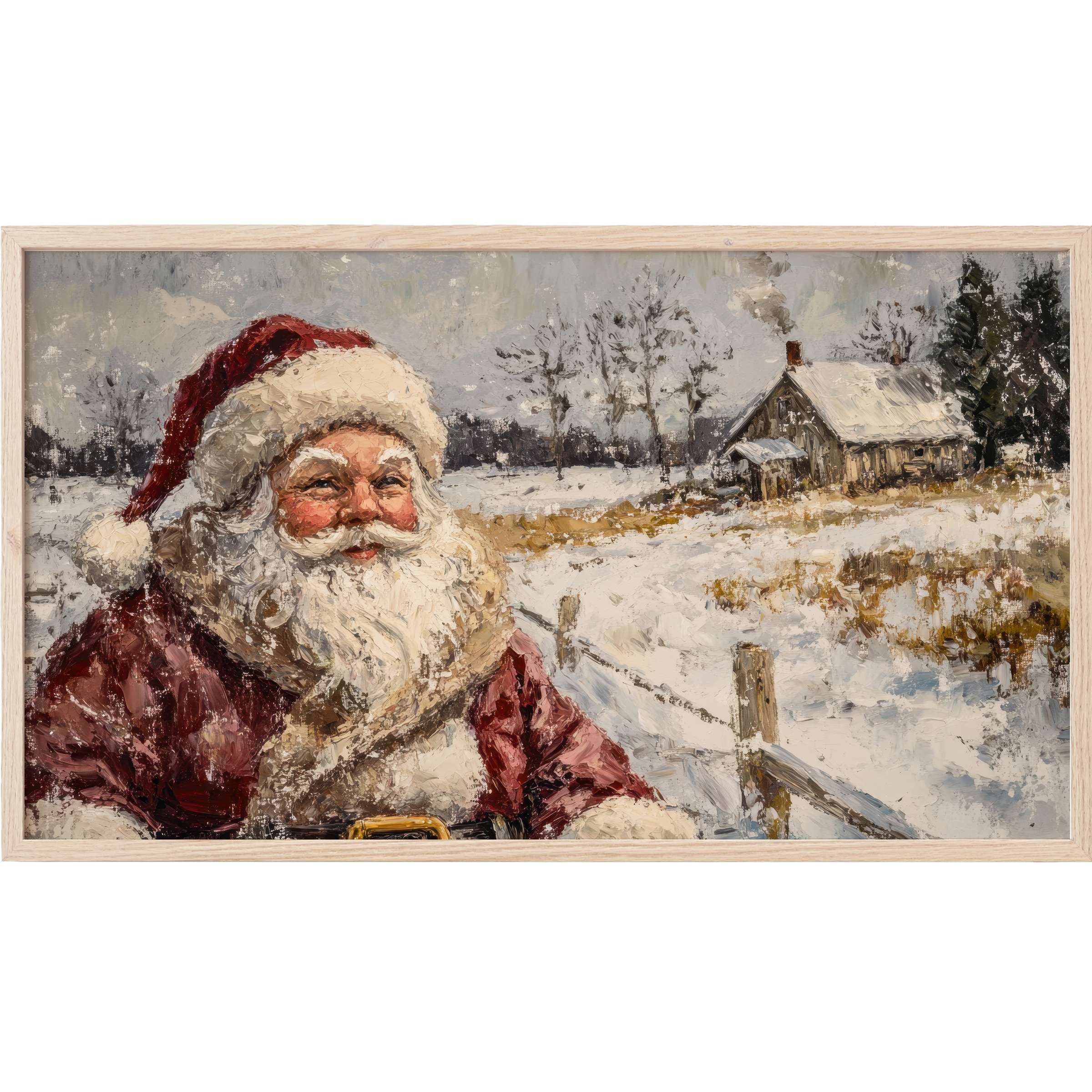 Elegant oil painting of smiling Santa in rich reds by a snowy cabin, earthy winter tones, christmas Frame TV Art