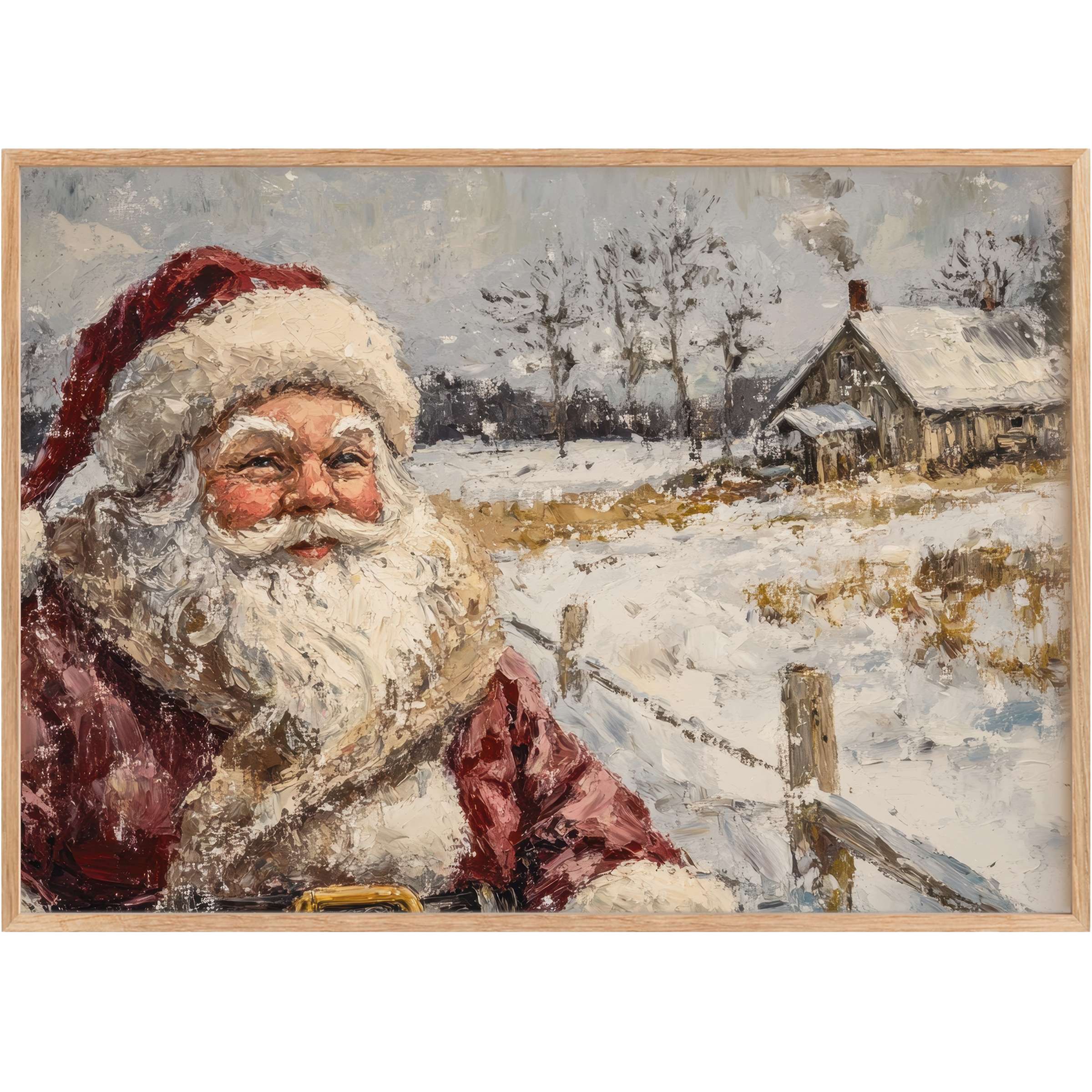 Warm and joyful Christmas printable wall art capturing Santa’s gentle smile against a serene snowy countryside, evoking cozy festive charm