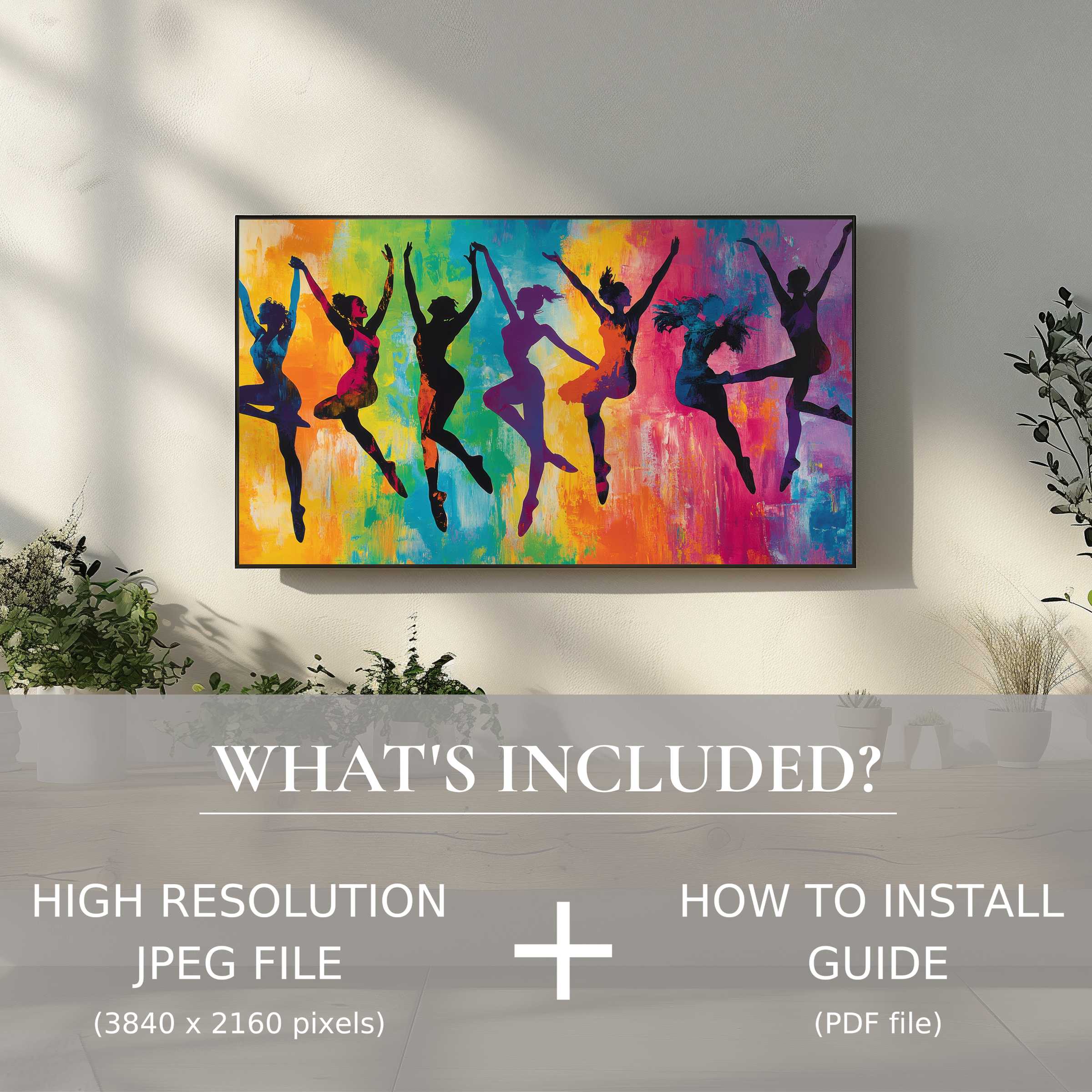 Vibrant pop art digital TV art download showcasing dancing silhouettes elevates any modern living space with effortless digital elegance