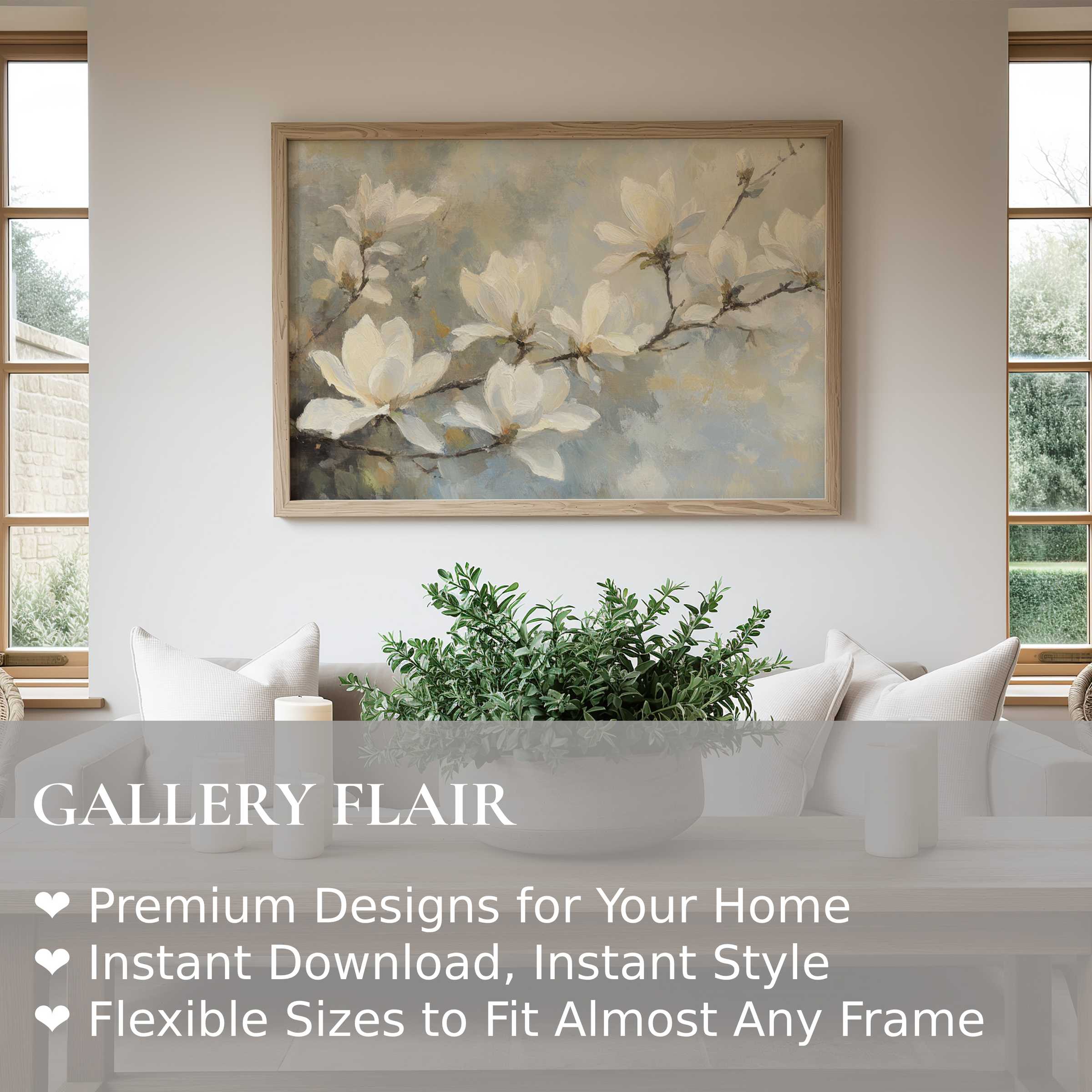 Elegant spring wall art print featuring soft white magnolia blossoms in muted tones, enhancing modern minimalist interiors with calming, natural grace