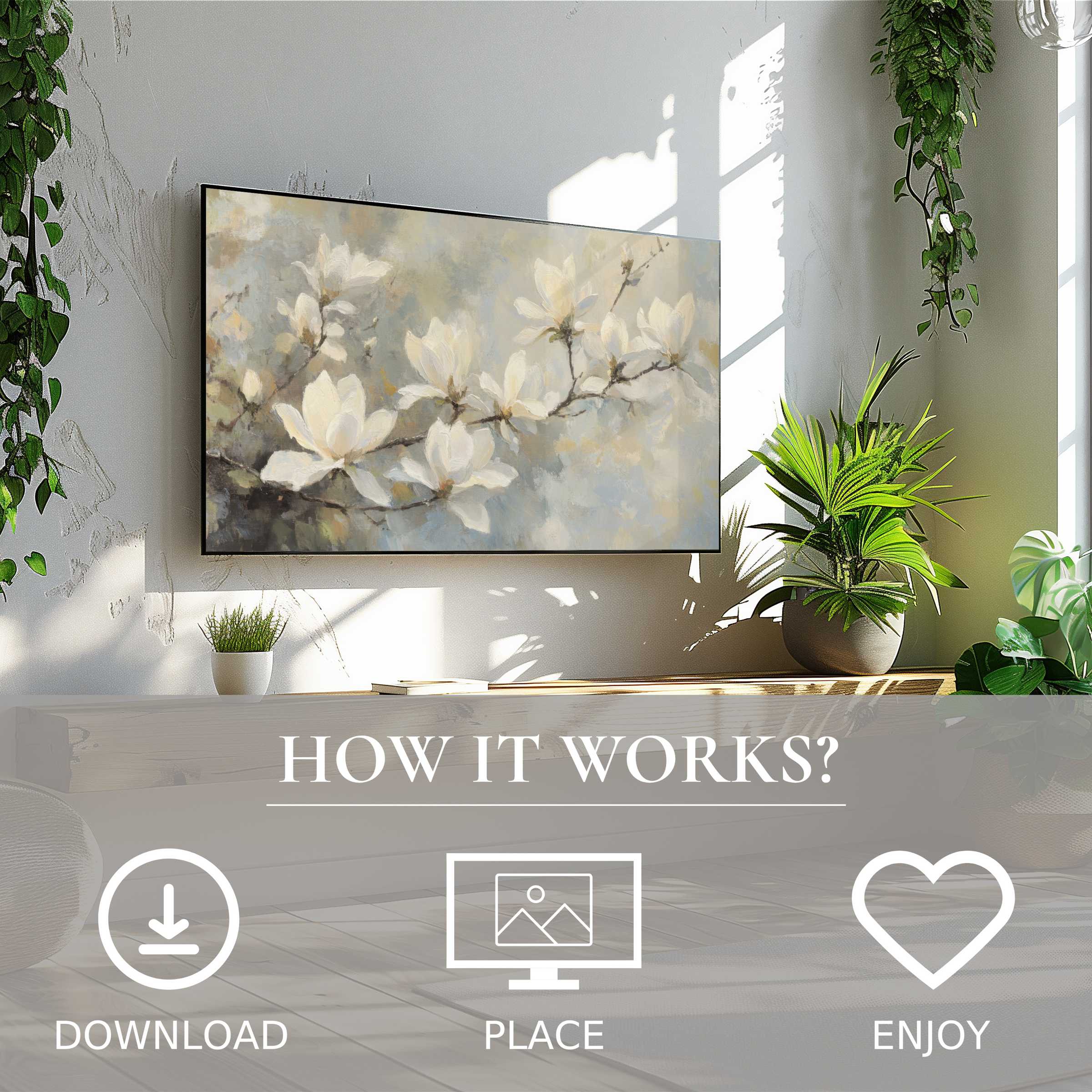 Spring art for Samsung TV shows soft white blossoms on muted tones, easy digital download enriches modern living spaces