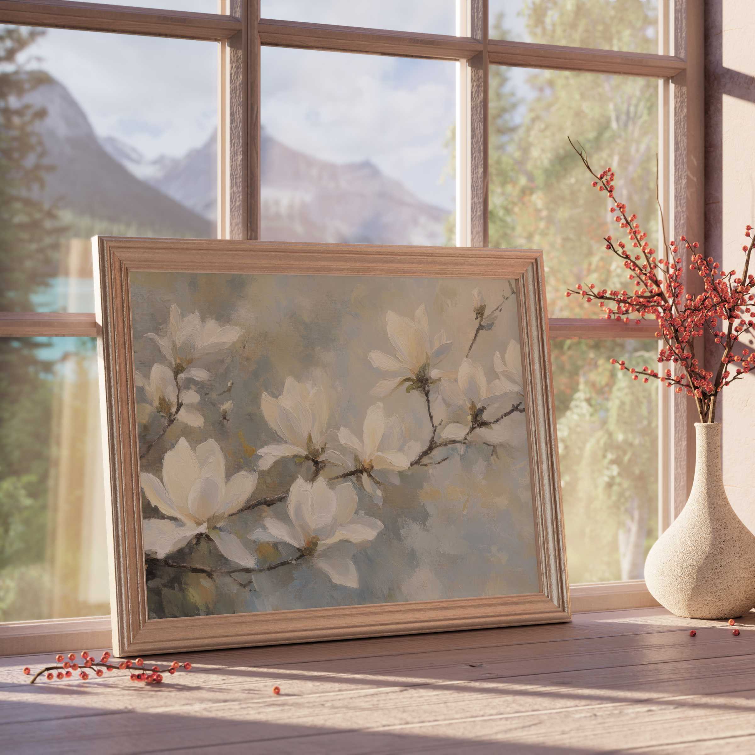 Spring downloadable art capturing delicate magnolia blooms in soft pastels, enhancing serene, curated modern interiors with timeless elegance