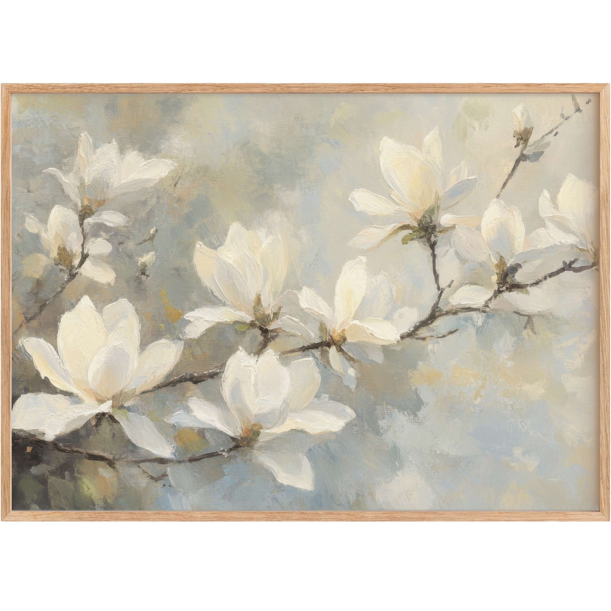 Elegant spring printable wall art with delicate white magnolia blooms, evoking a serene, airy ambiance in soft blues and creams