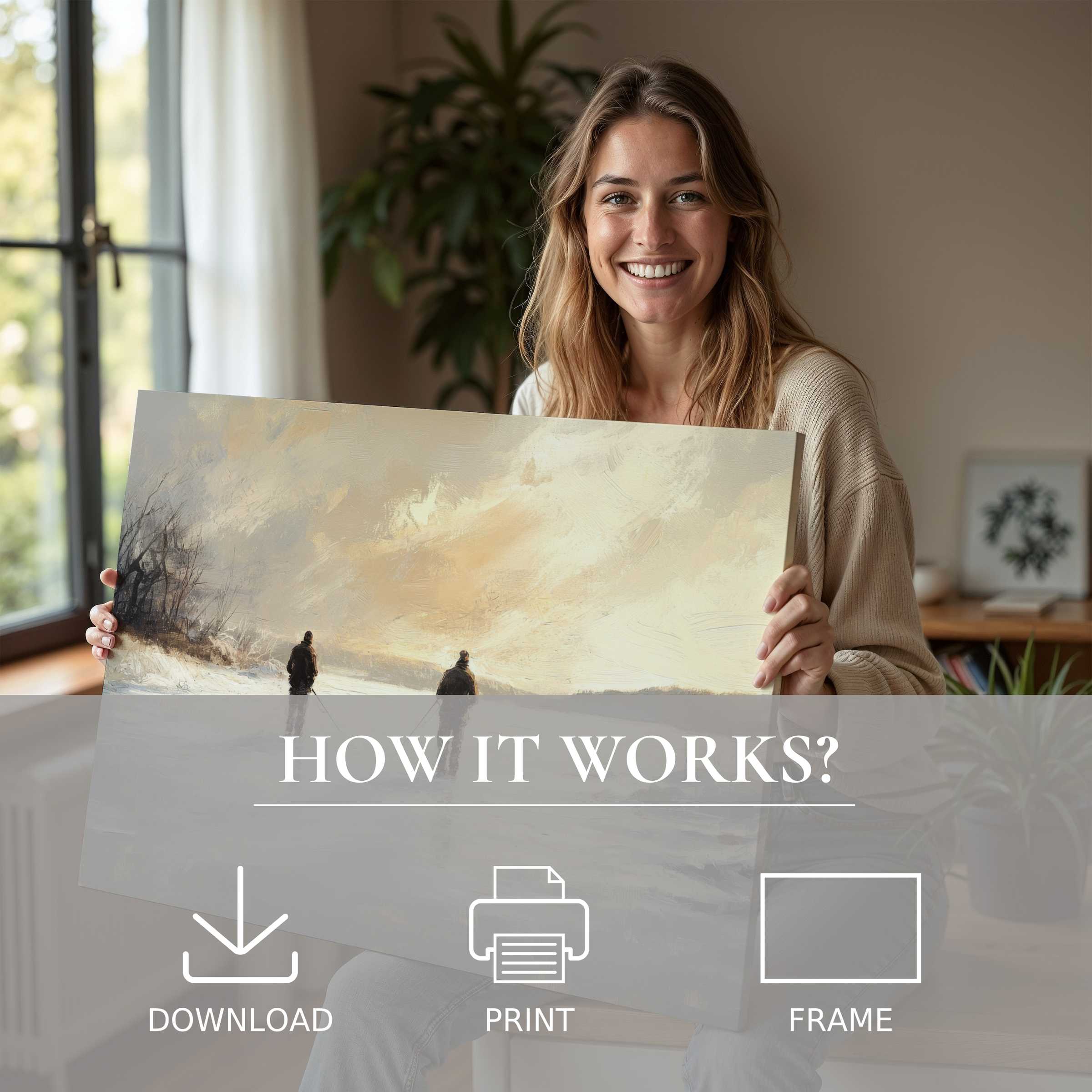 A joyful moment of connection as winter digital art print brings serene warmth and effortless elegance to modern home decor