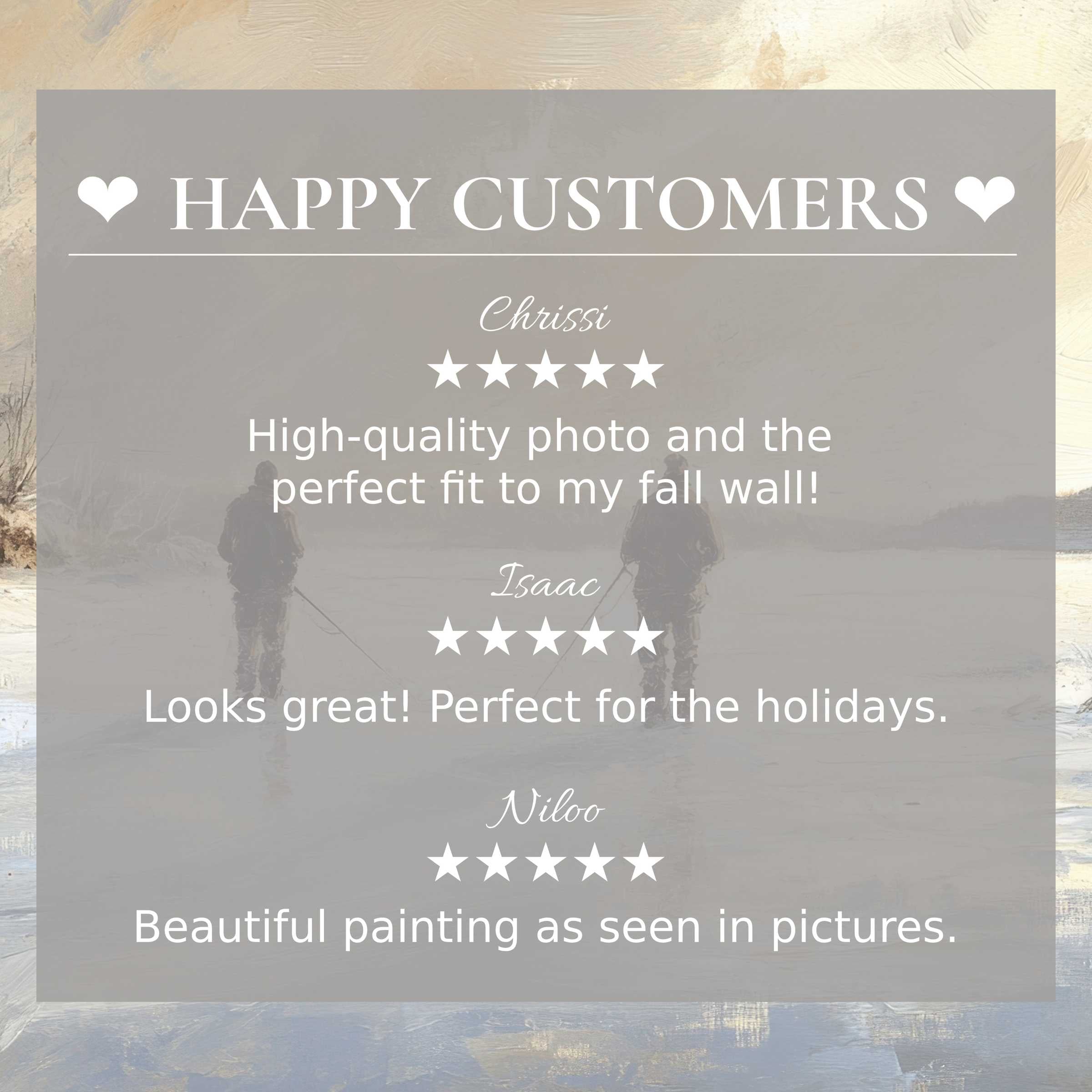Elegant winter art for Frame TV with abstract muted hues; layout showcases happy customer trust and refined aesthetic