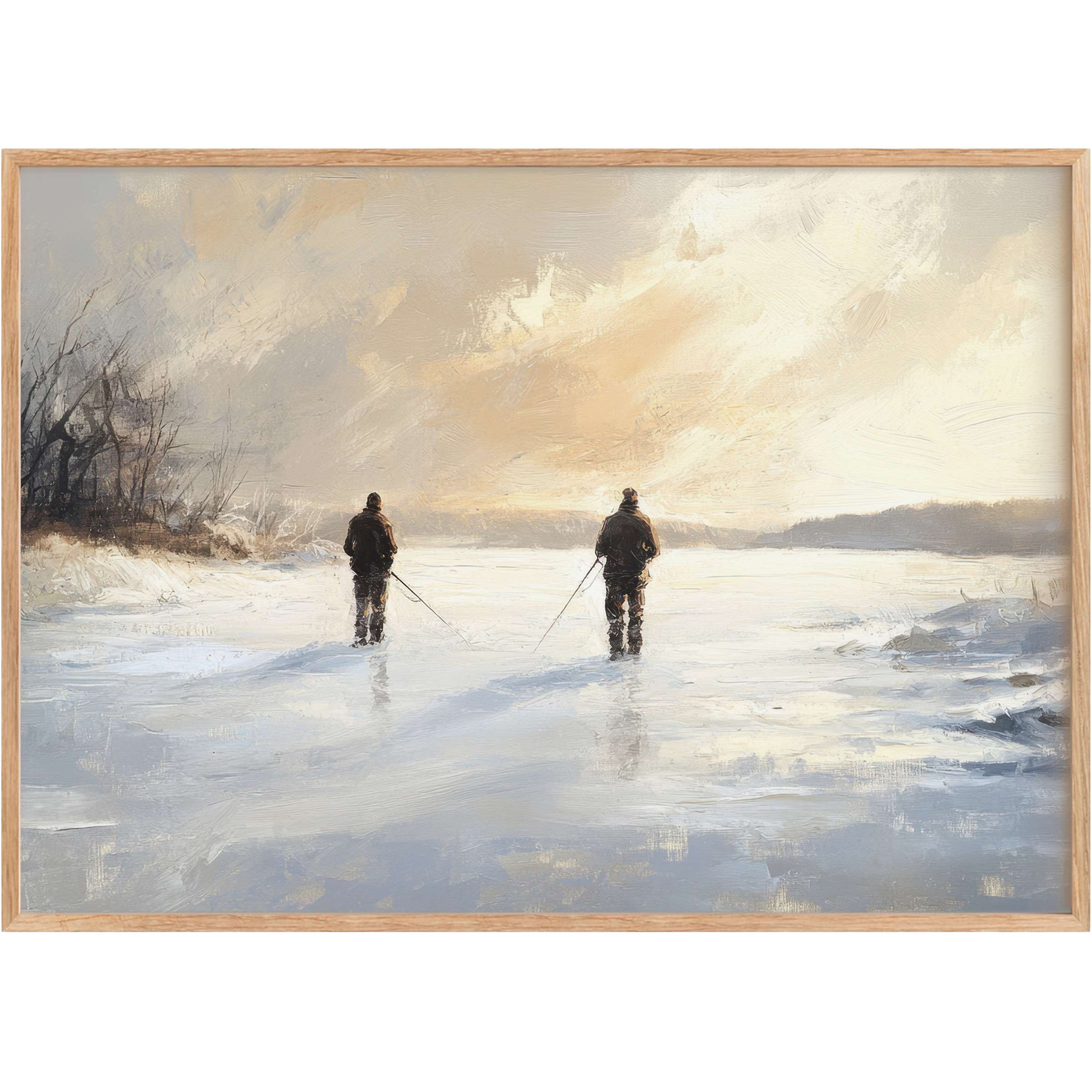 Winter printable wall art depicting serene ice fishing silhouettes in soft blues and warm beige, evoking calm reflection