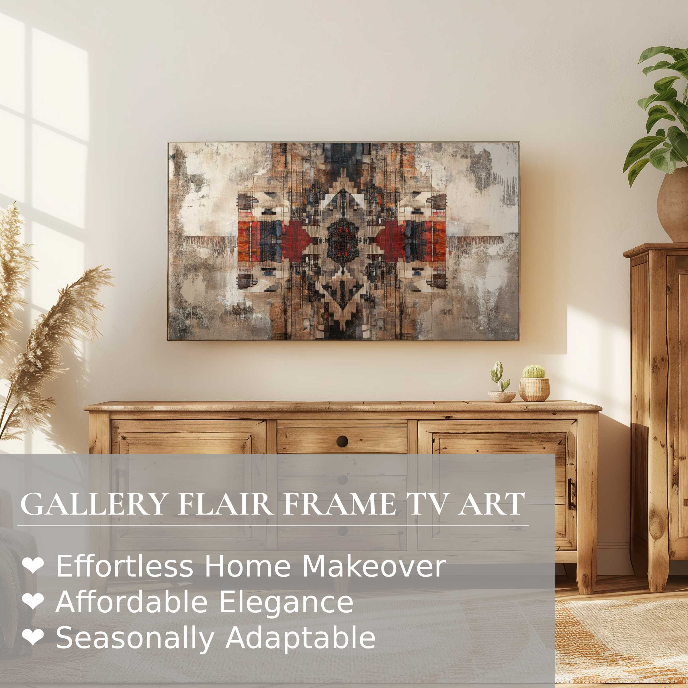 Samsung Frame TV showcasing a boho digital artwork in a sunlit modern space with warm wood accents