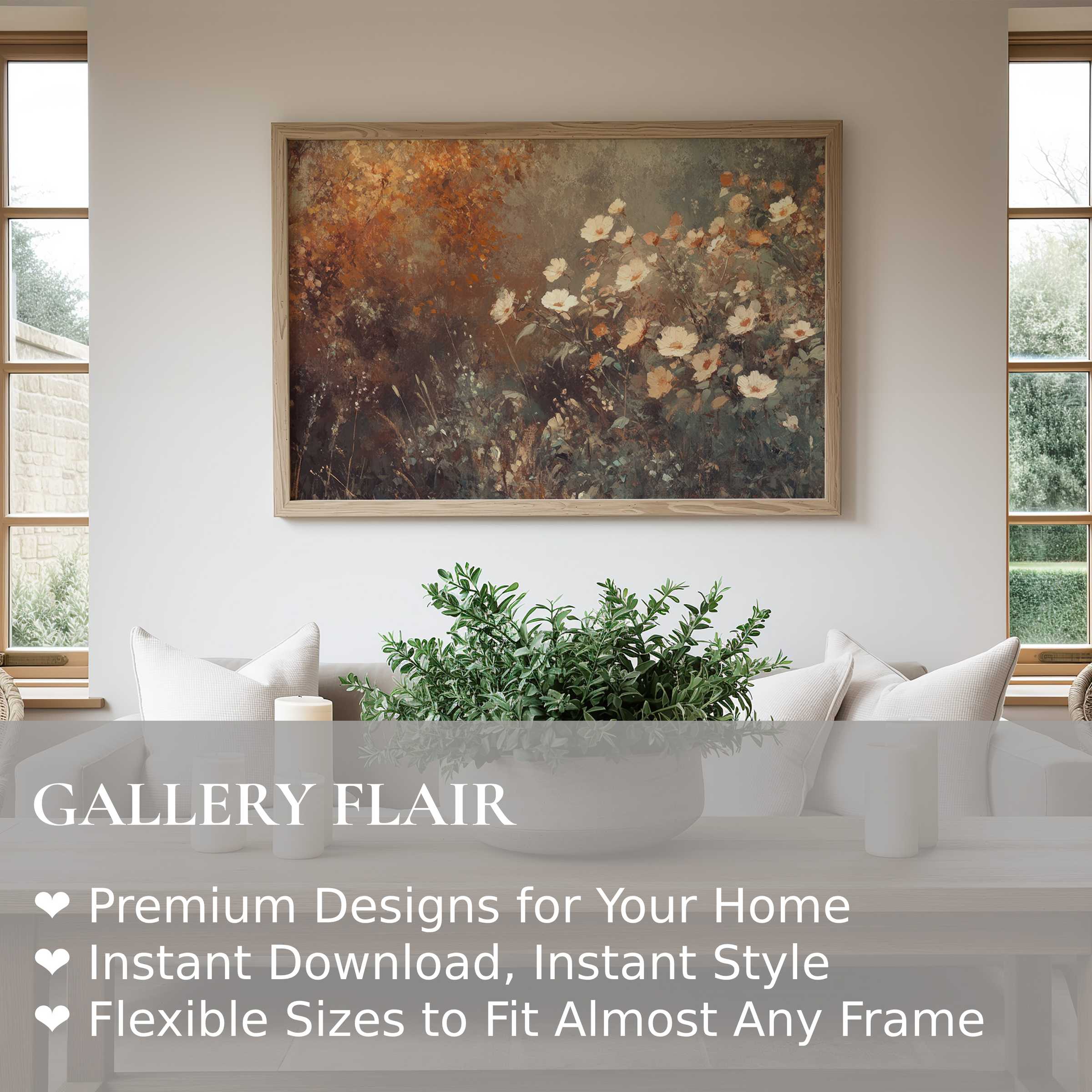 Radiant fall wall art print with warm autumn foliage and soft floral accents, enhancing serene modern farmhouse living spaces
