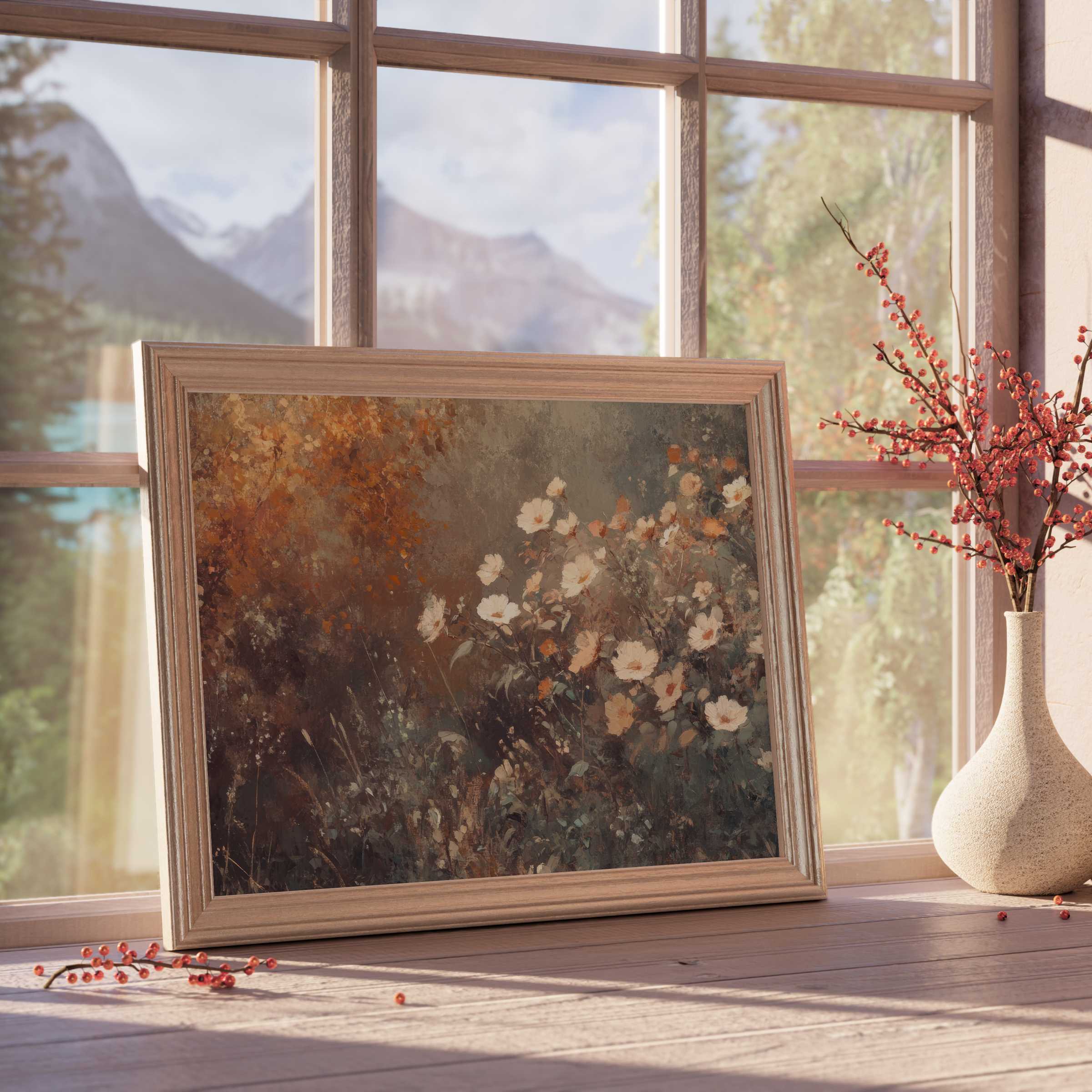 Warm and tranquil fall downloadable art capturing soft florals and autumnal hues, elevating elegant, serene interiors