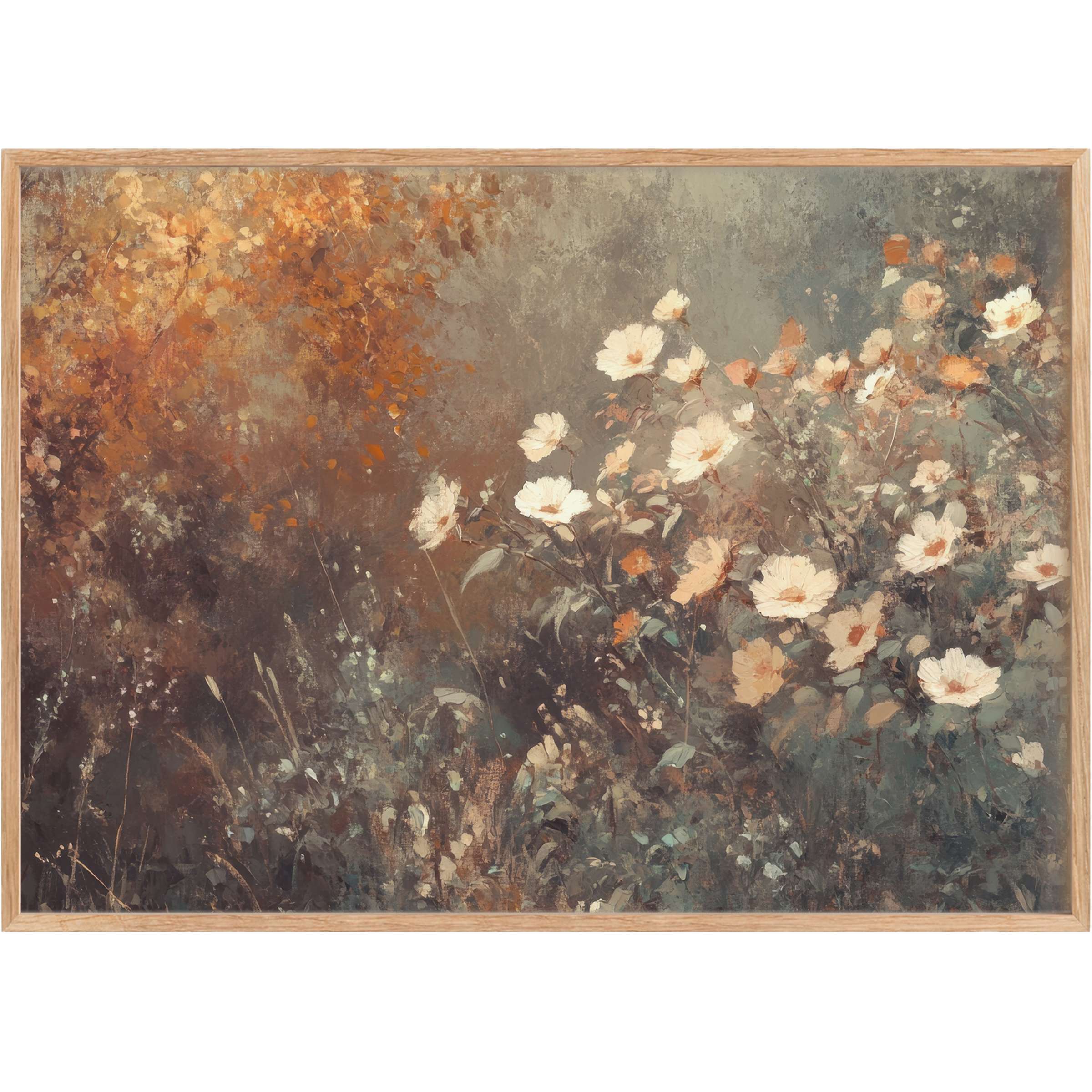 Ethereal fall printable wall art with soft white blooms and warm amber hues, evoking a serene, timeless autumnal ambiance