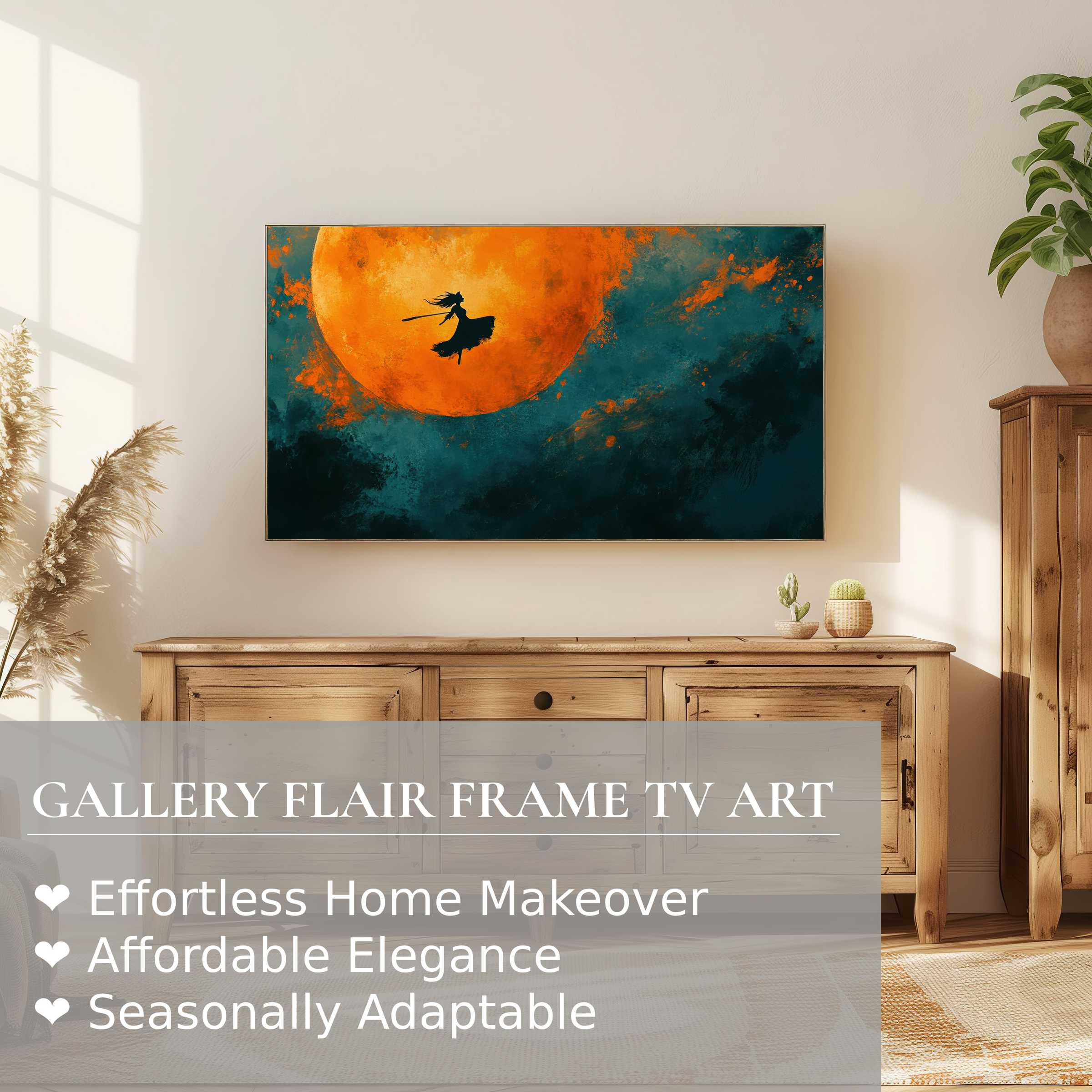 Samsung Frame TV displays a striking halloween digital artwork with a silhouetted witch before an orange full moon