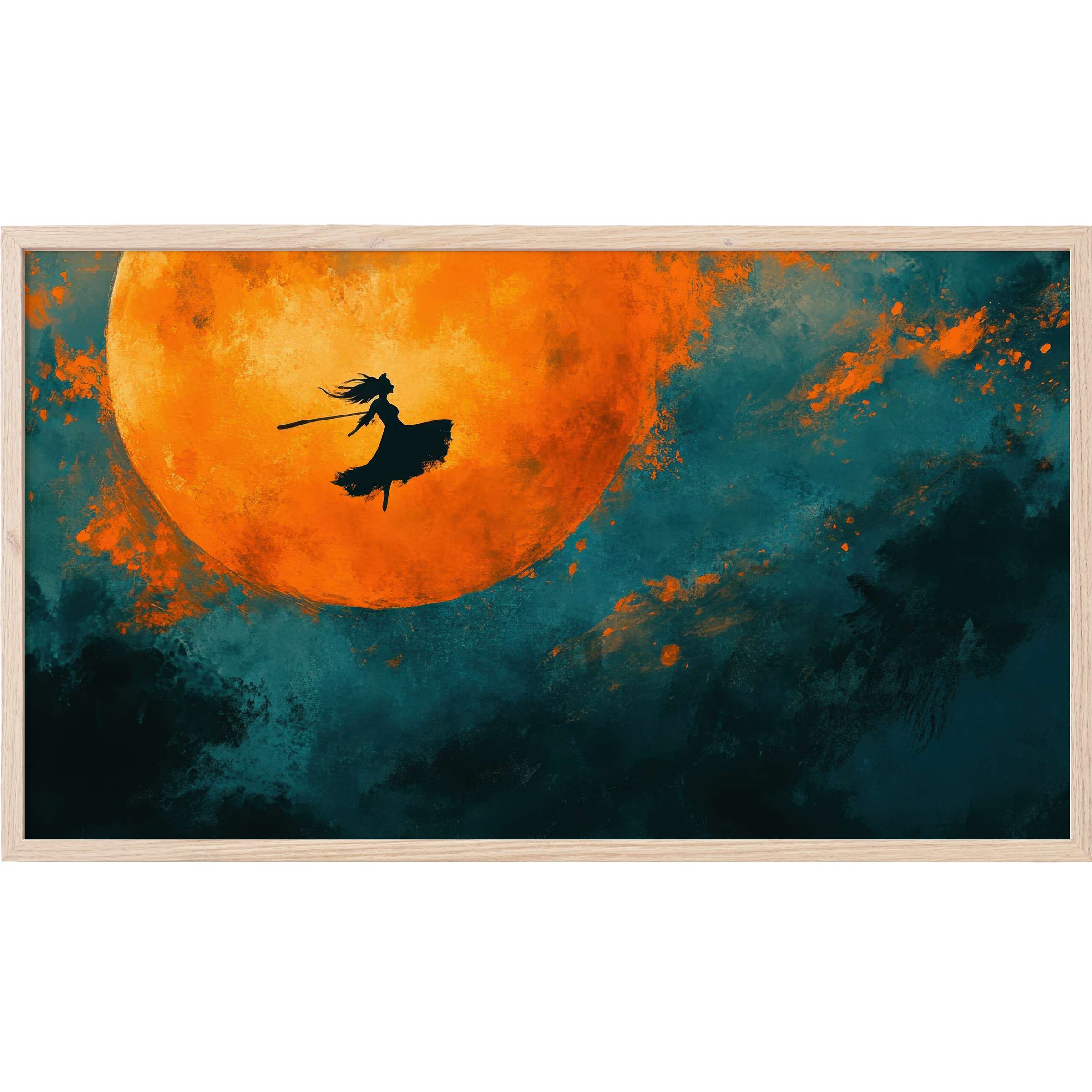 Halloween Frame TV Art showing a silhouette witch flying across a vibrant orange moon with deep teal clouds