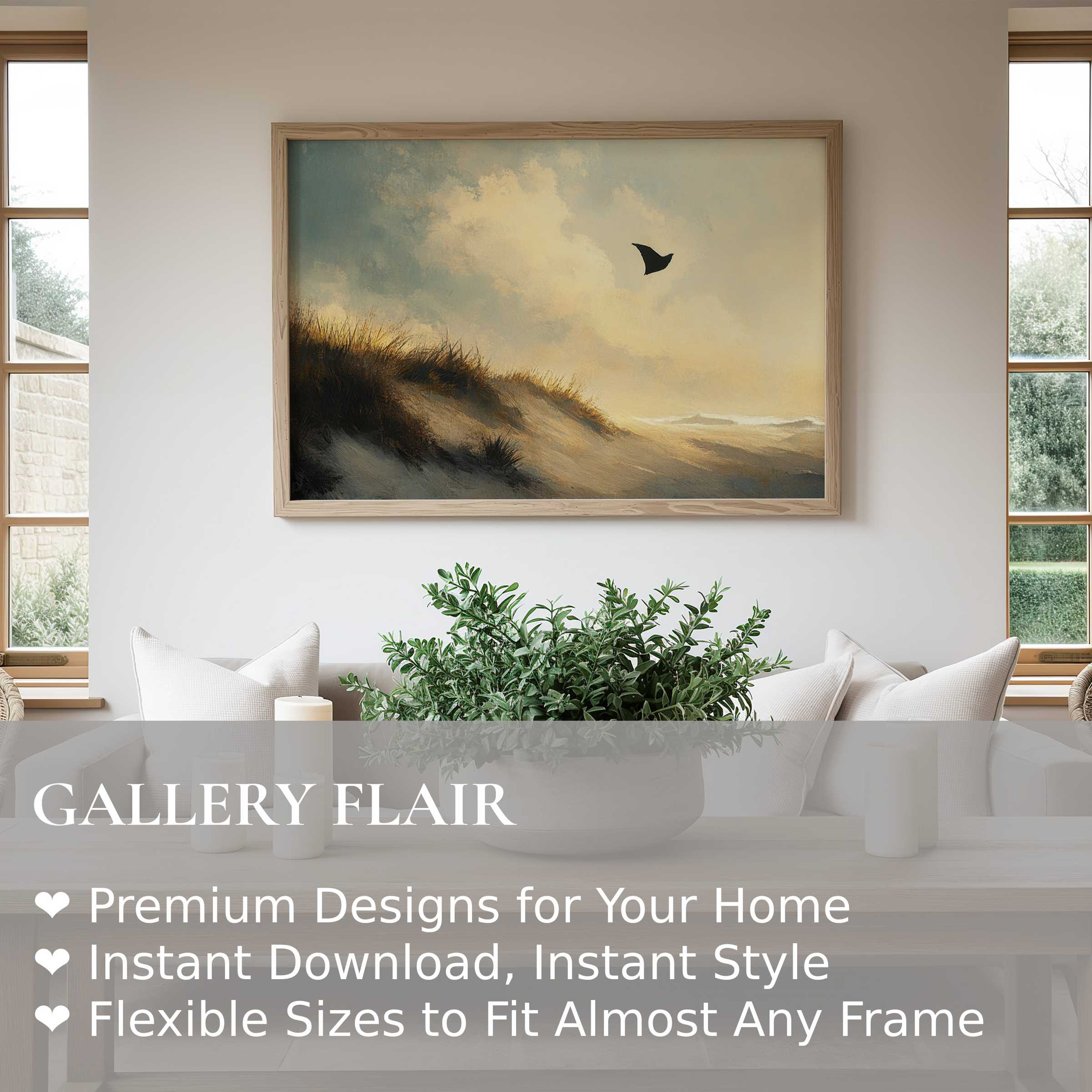Calming beach wall art print capturing golden dunes and a soaring kite, enhancing modern coastal interiors with serene elegance