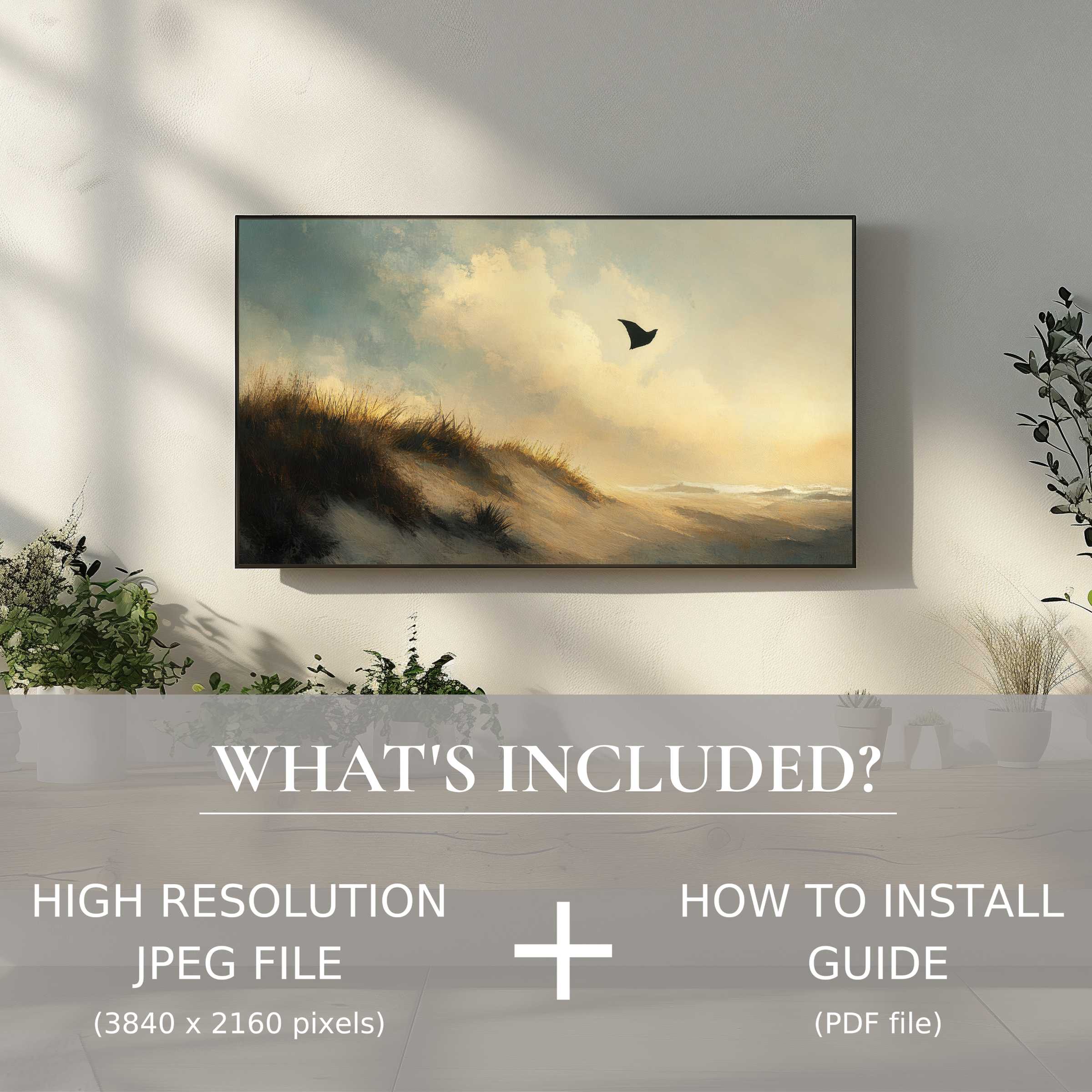 Elegant beach digital TV art download enhances your living space with easy digital use and serene coastal charm