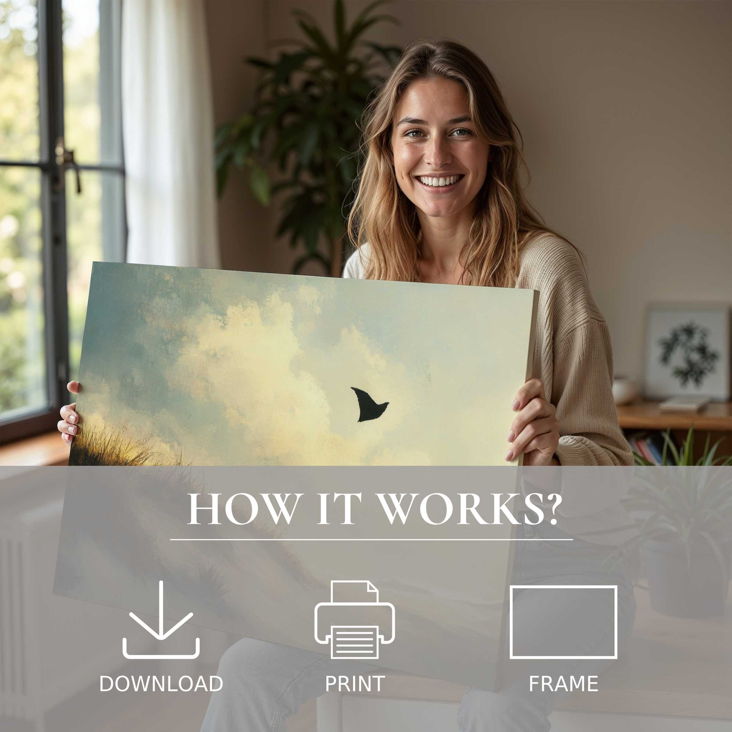 Radiant joy and serene connection illuminate a modern home as a beach digital art print transforms space effortlessly