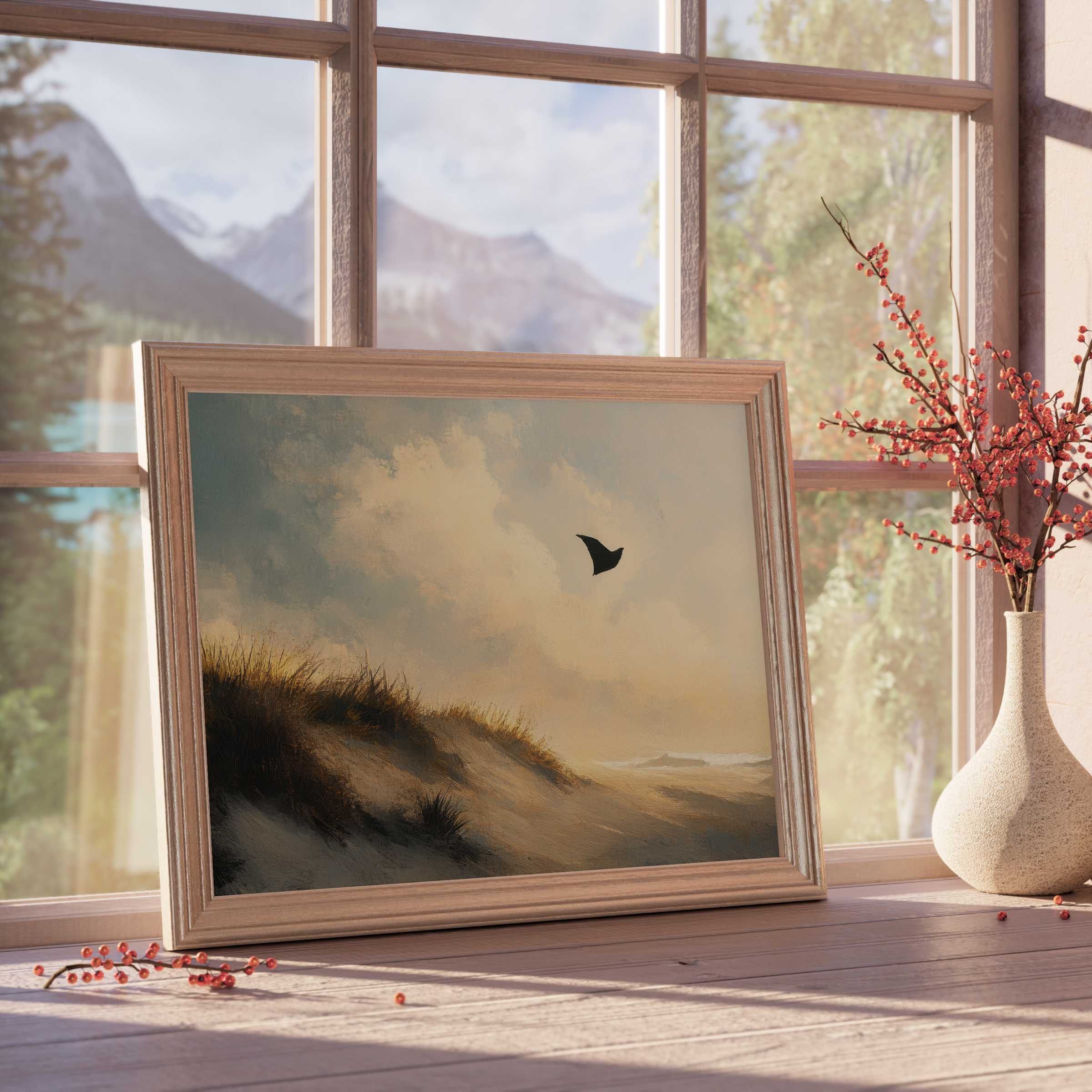 Beach downloadable art capturing serene coastal dunes at golden hour, enhancing tranquil, curated interiors with warm, natural elegance
