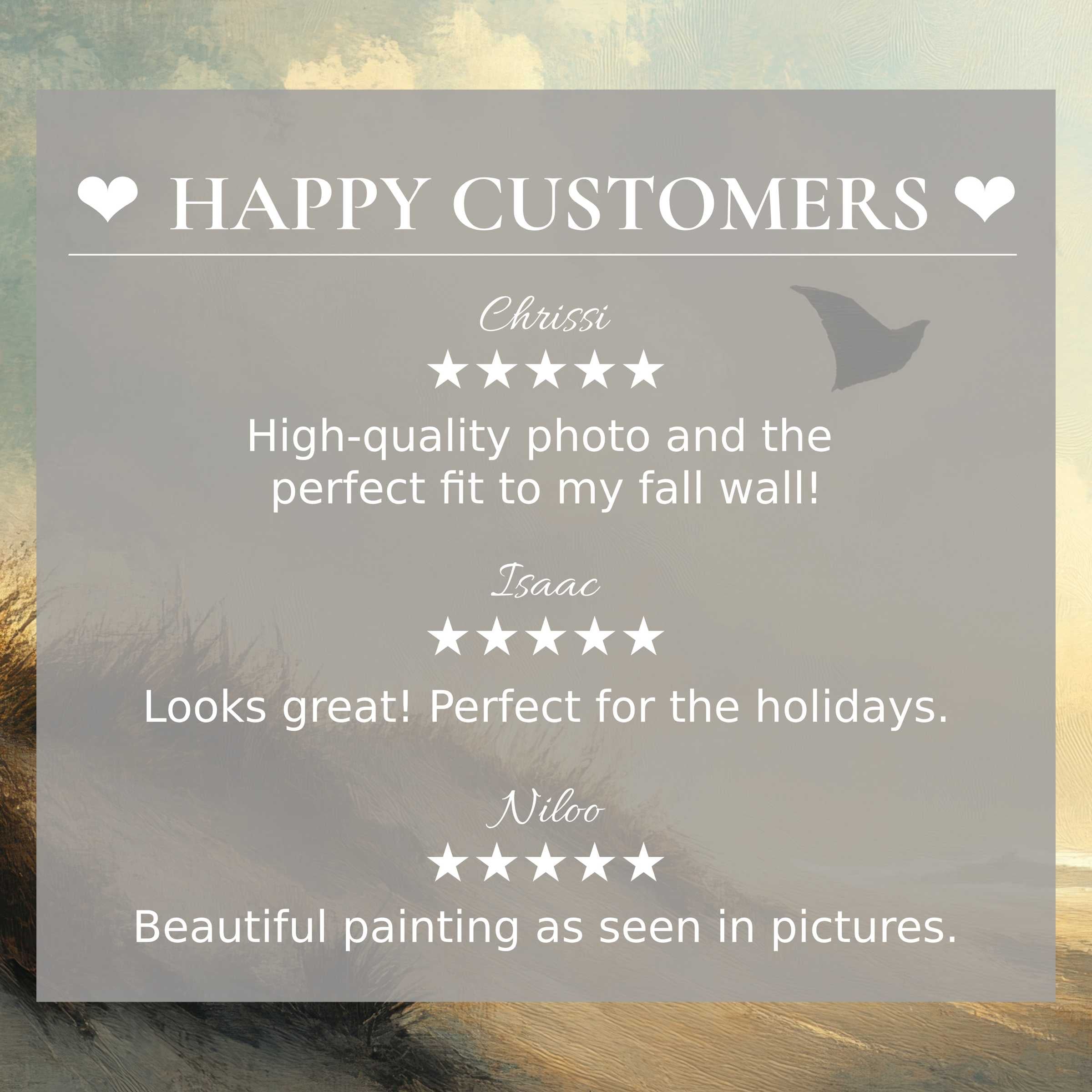 Beach art for Frame TV with abstract sunset hues; layout highlights happy customer reviews and elegant design appeal
