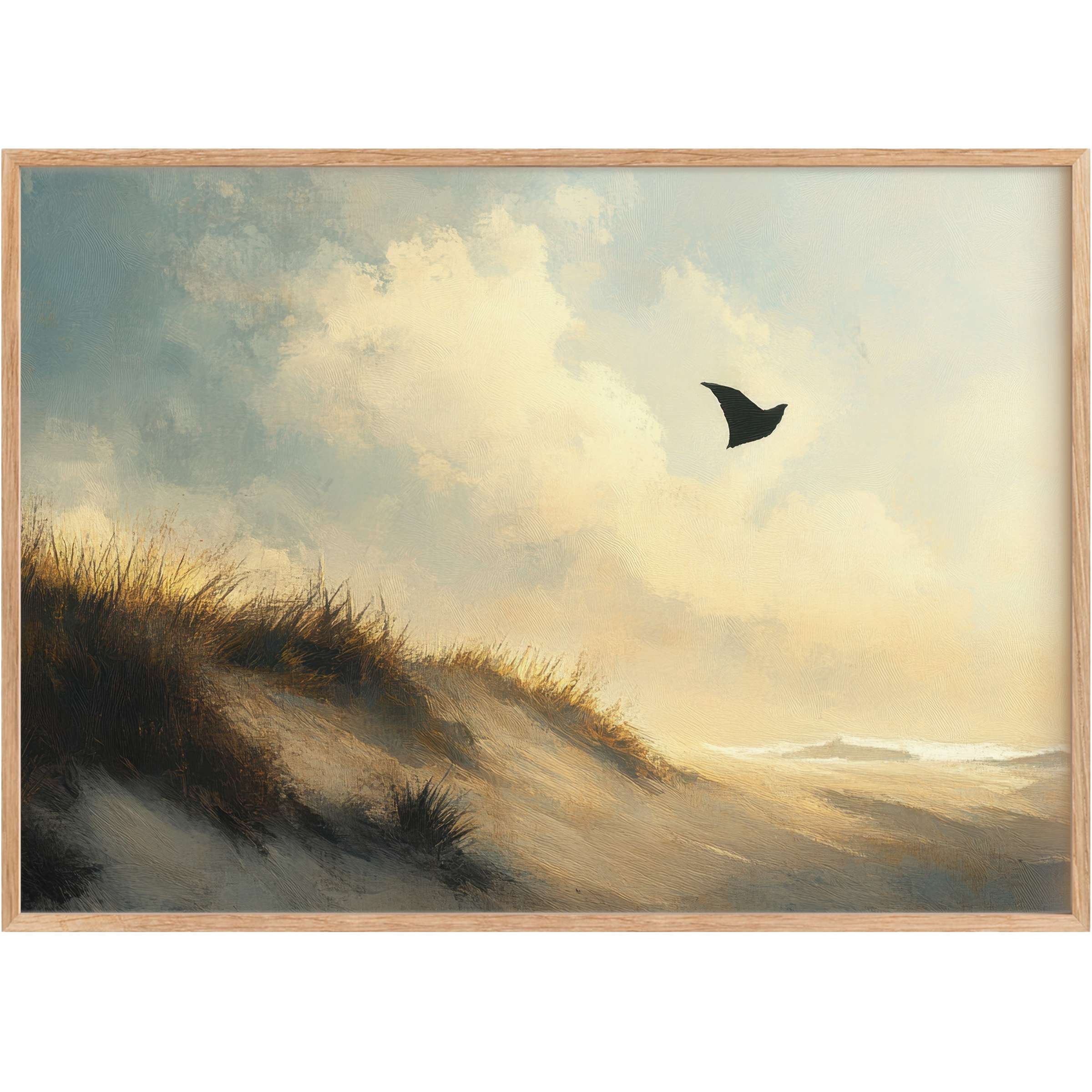Serene beach printable wall art capturing golden dunes and soft clouds, evoking tranquil warmth and effortless coastal elegance