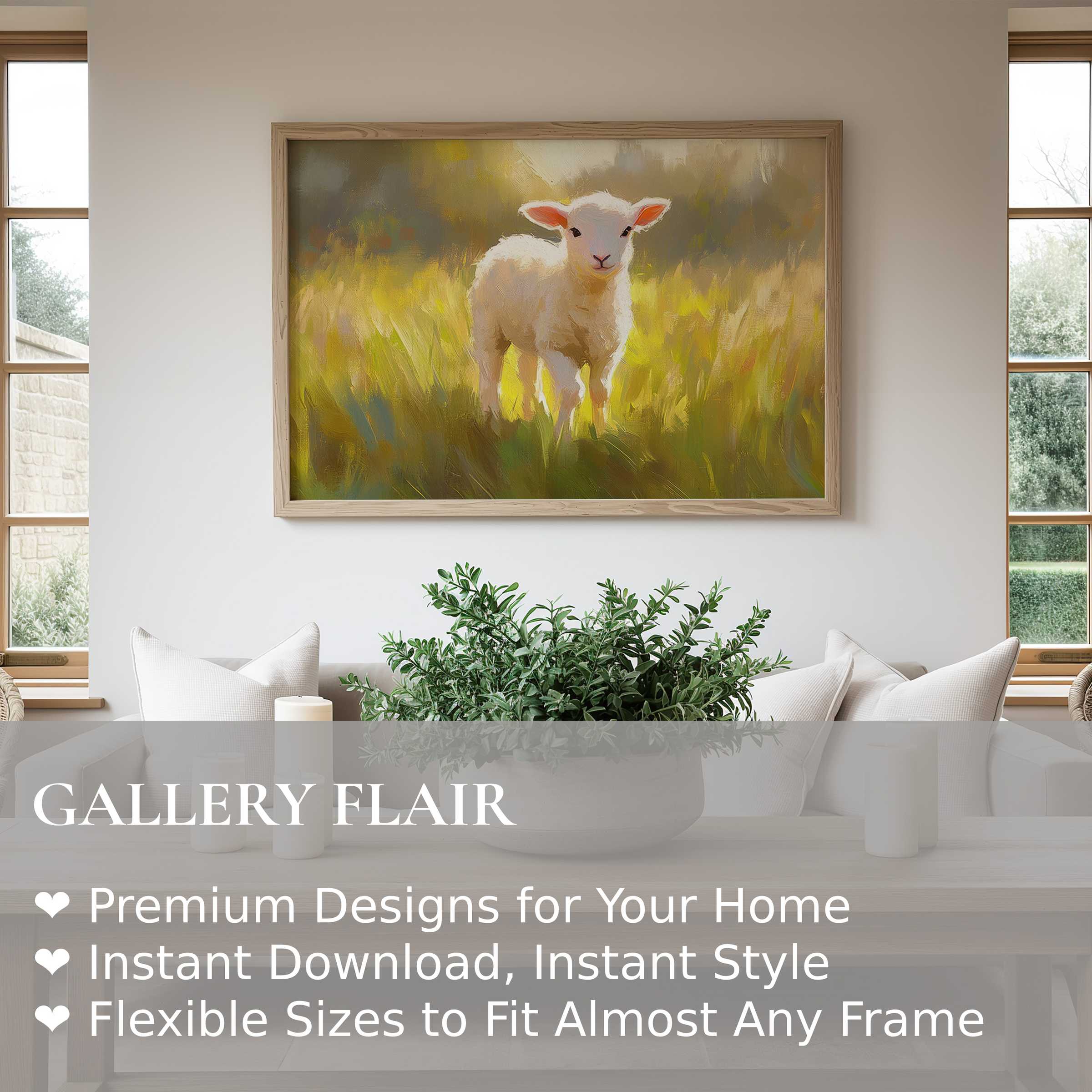 Easter wall art print featuring a radiant lamb in soft, golden light, enhancing modern farmhouse interiors with warm, tranquil charm