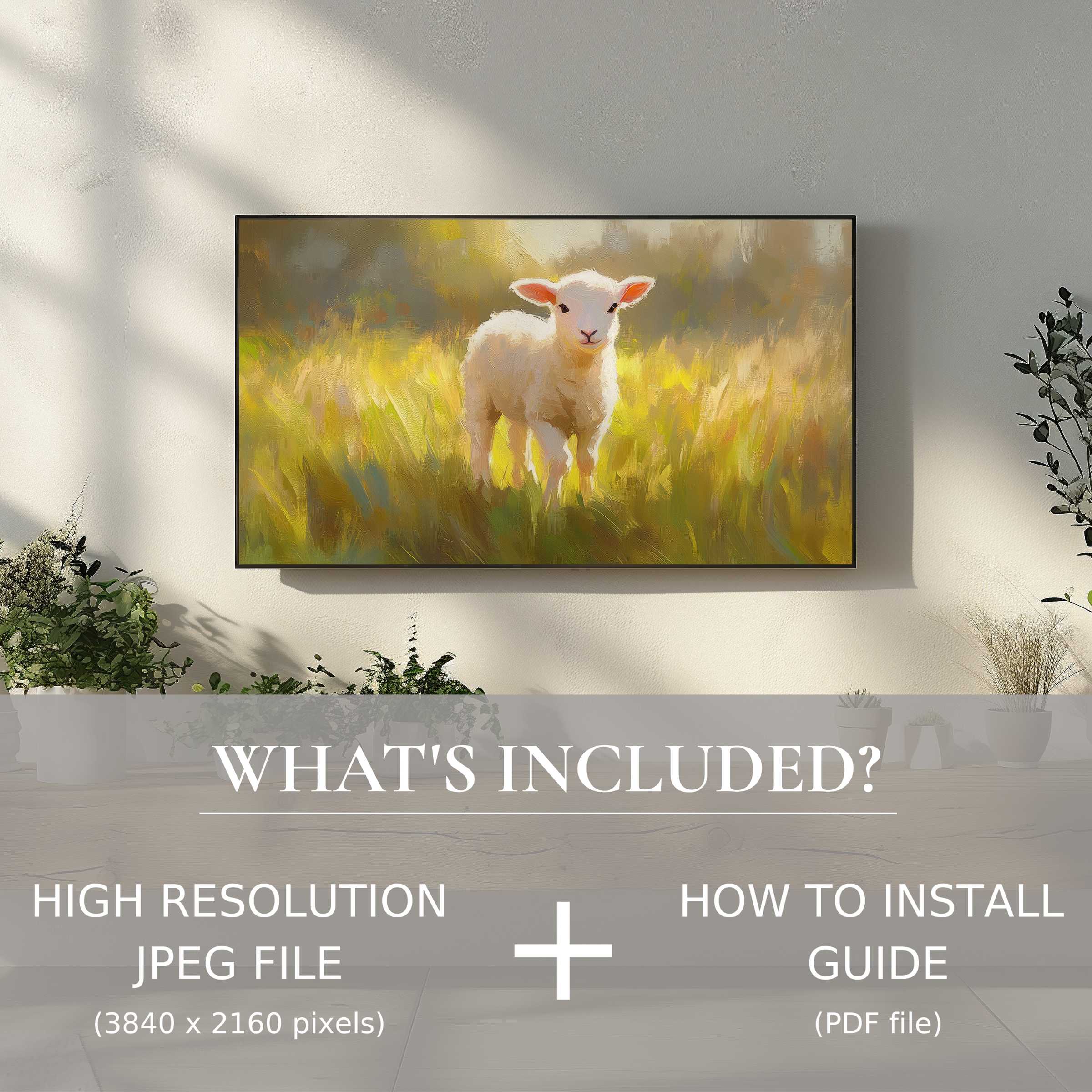 Elegant living room with easter digital TV art download of a lamb, easy to use and enhancing modern decor