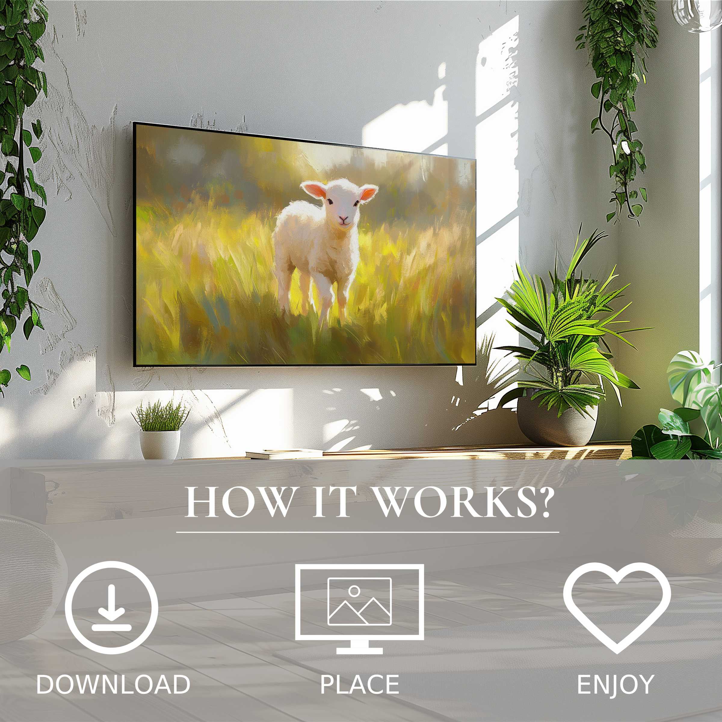 Modern living room with easter art for Samsung TV showing soft sunset tones and lamb; easy digital download enriches space