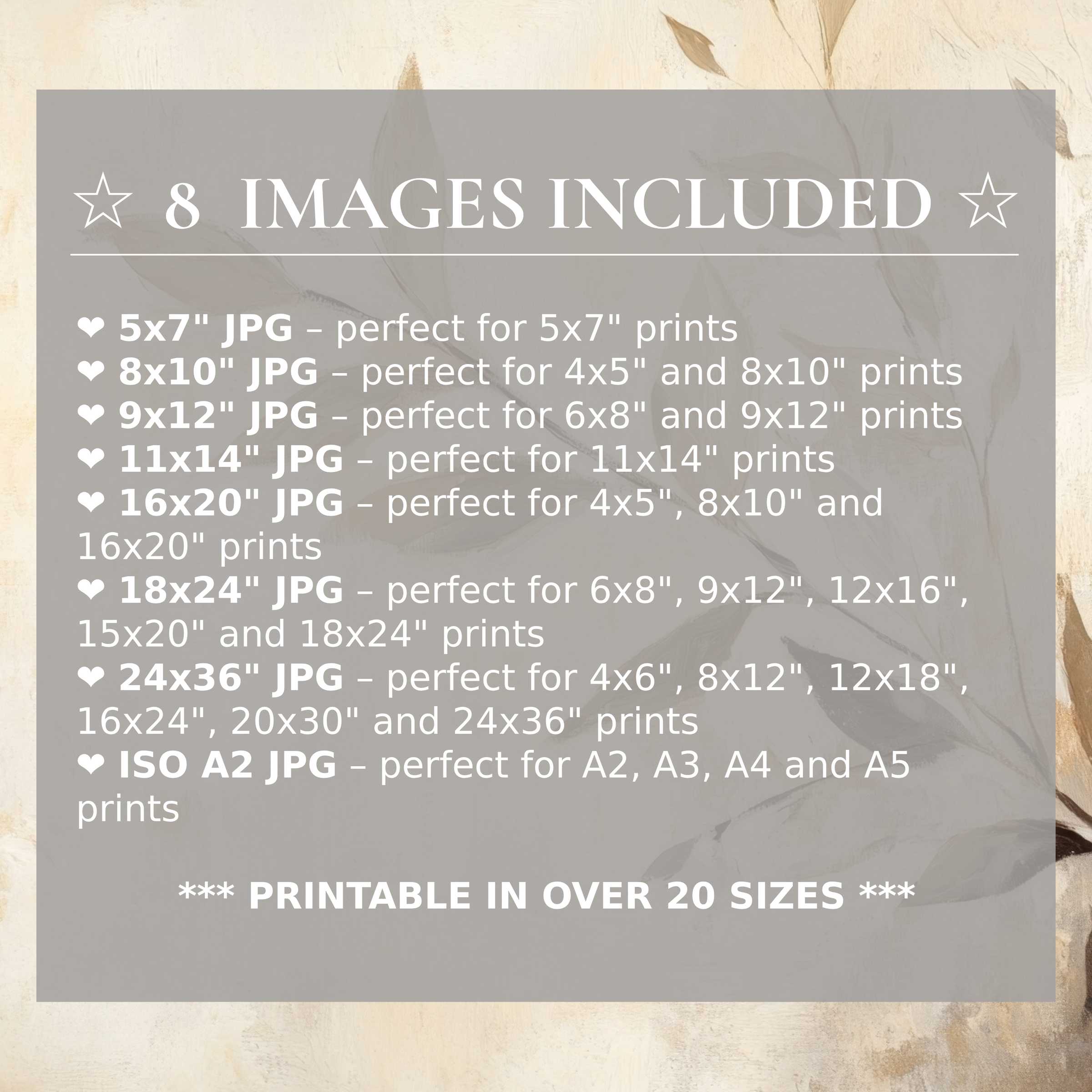 Botanical digital print in soft beige and muted taupe tones evokes a calming elegance, included in 8 refined sizes for versatile modern interiors
