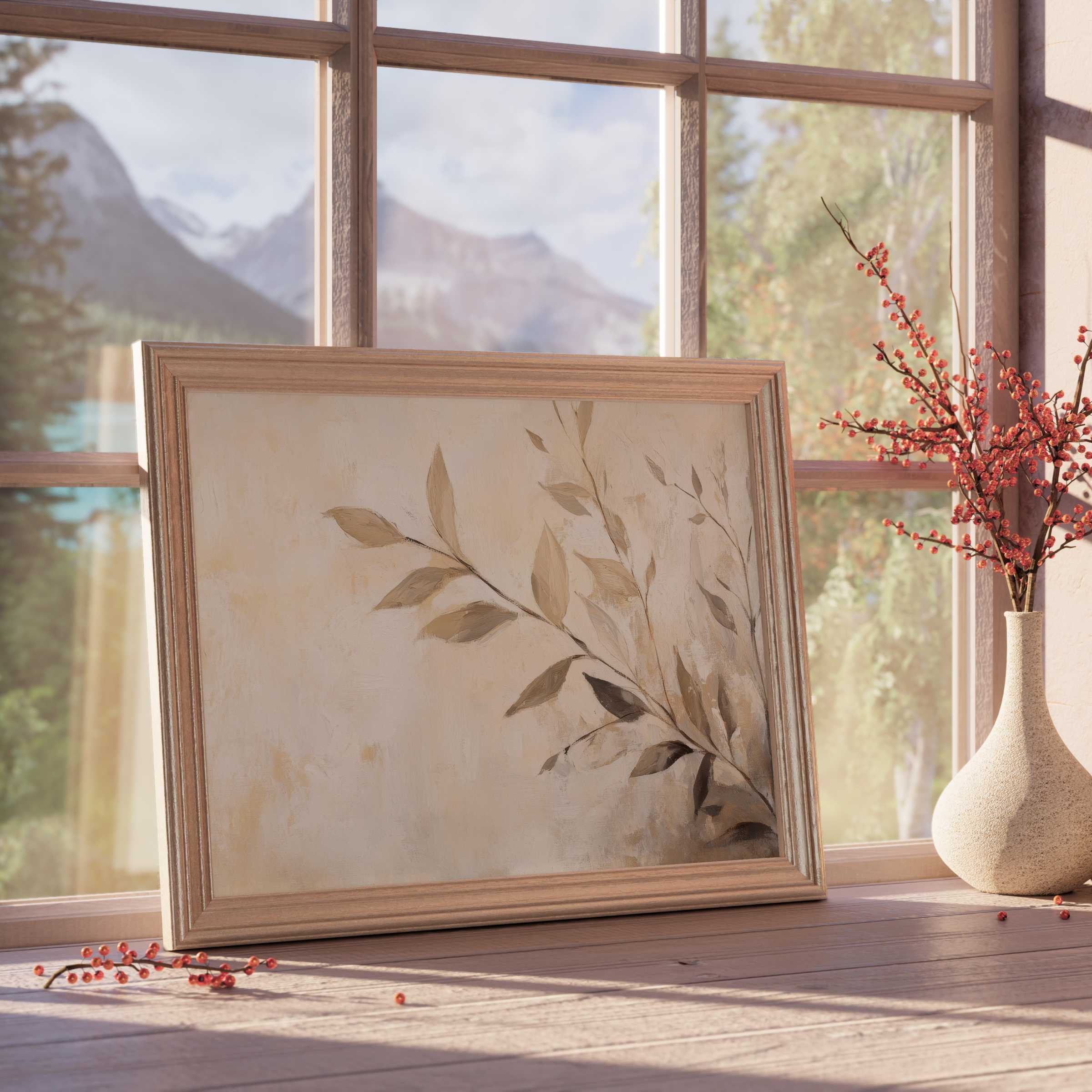 Botanical downloadable art featuring serene earth-toned leaves, enriching tranquil, curated interiors with natural elegance