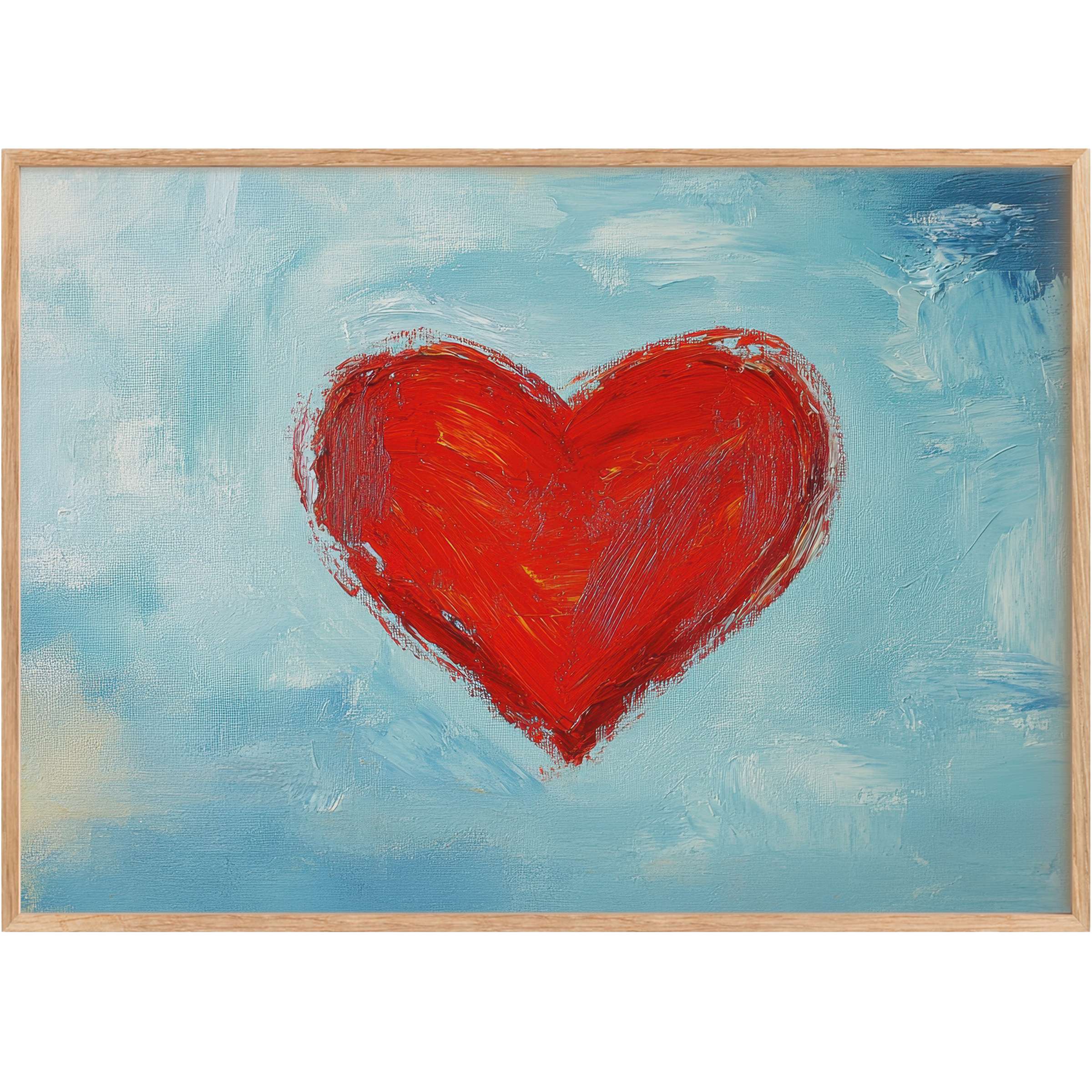 Vibrant red heart against a serene sky-blue canvas exudes warmth and joy in minimalist printable wall art